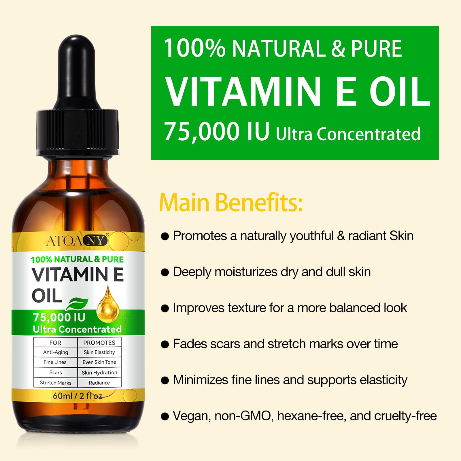 Vitamin E Oil 75,000 IU 2 Pack - 100% Organic Pure Vitamin E Oil for Skin, Face, Hair, Body - Natural Antioxidant for Dryness, Wrinkles, Scars & Stretch Marks, Deep Hydration for Soft, Glowing Skin