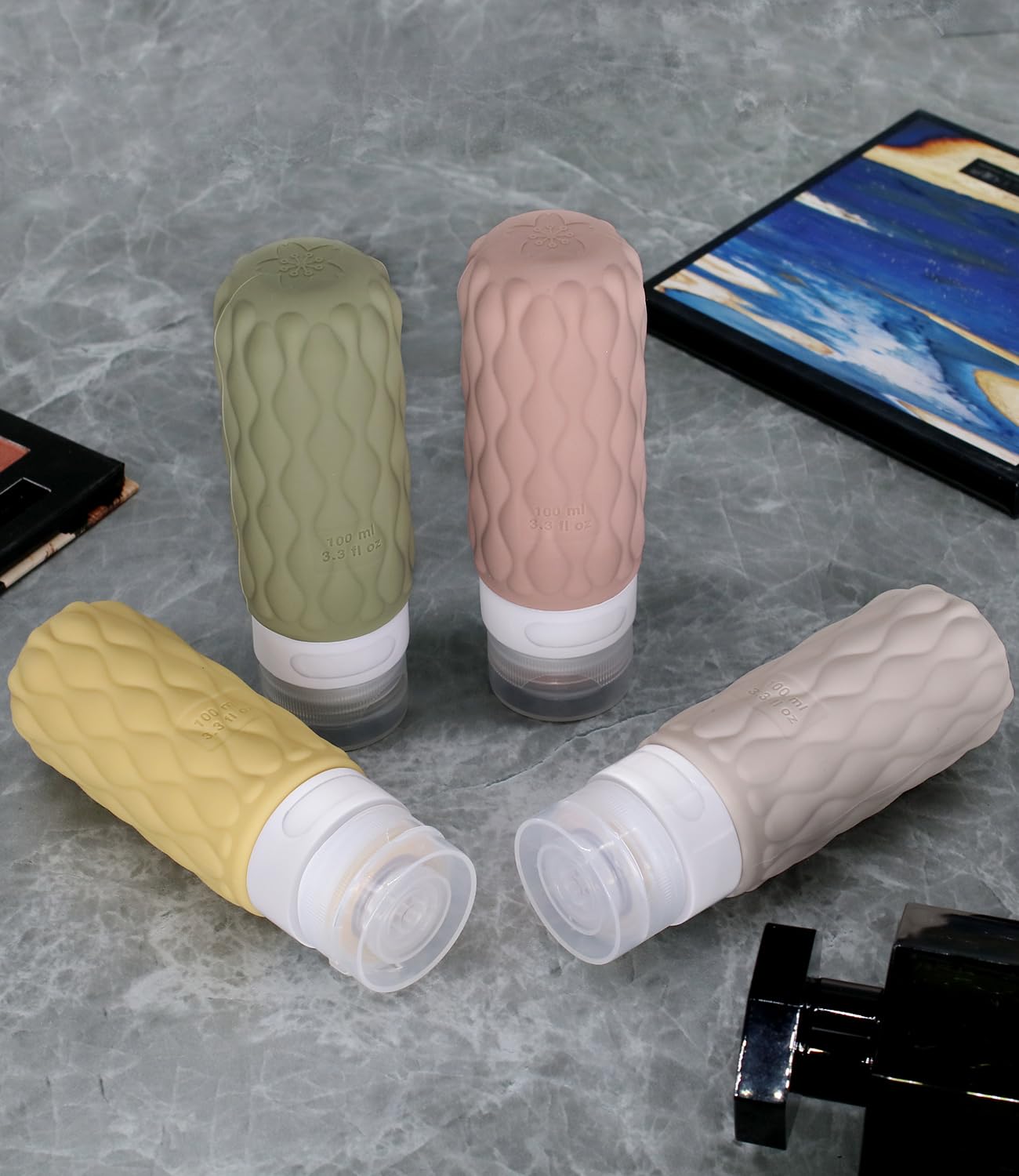 4 Pack Travel Bottles for Toiletries with Labels, 100ML Silicone Travel Bottles Set with Clear Zipper Toiletry Bag, Leakproof Refillable Squeeze Travel Size Containers for Shampoo Conditioner