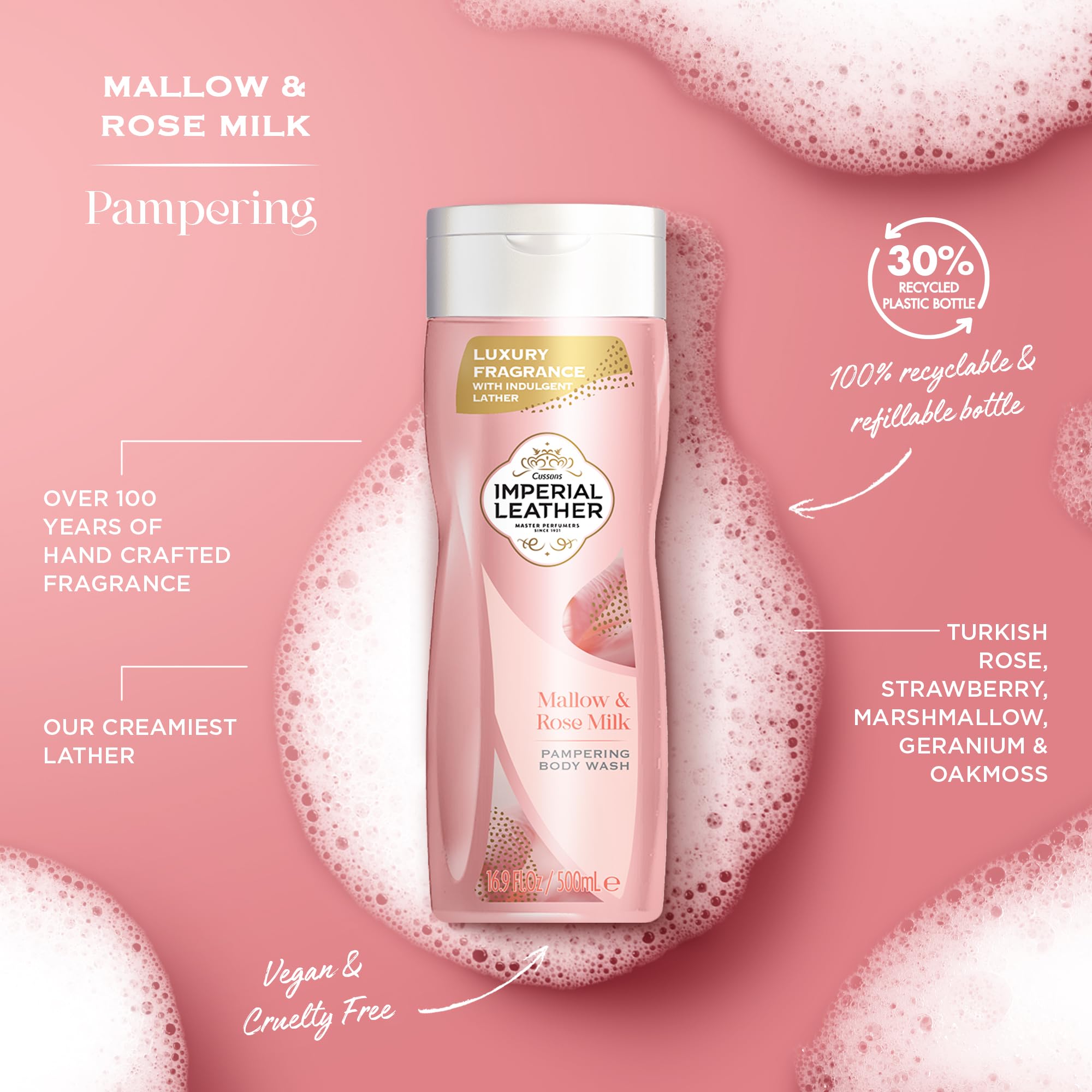 Imperial Leather Mallow & Rose Milk Pampering Body Wash Shower Gel, Signature Oil Blend, Creamy Lather, Gentle Skin Care, Bulk Buy, Pack of 6x500ml