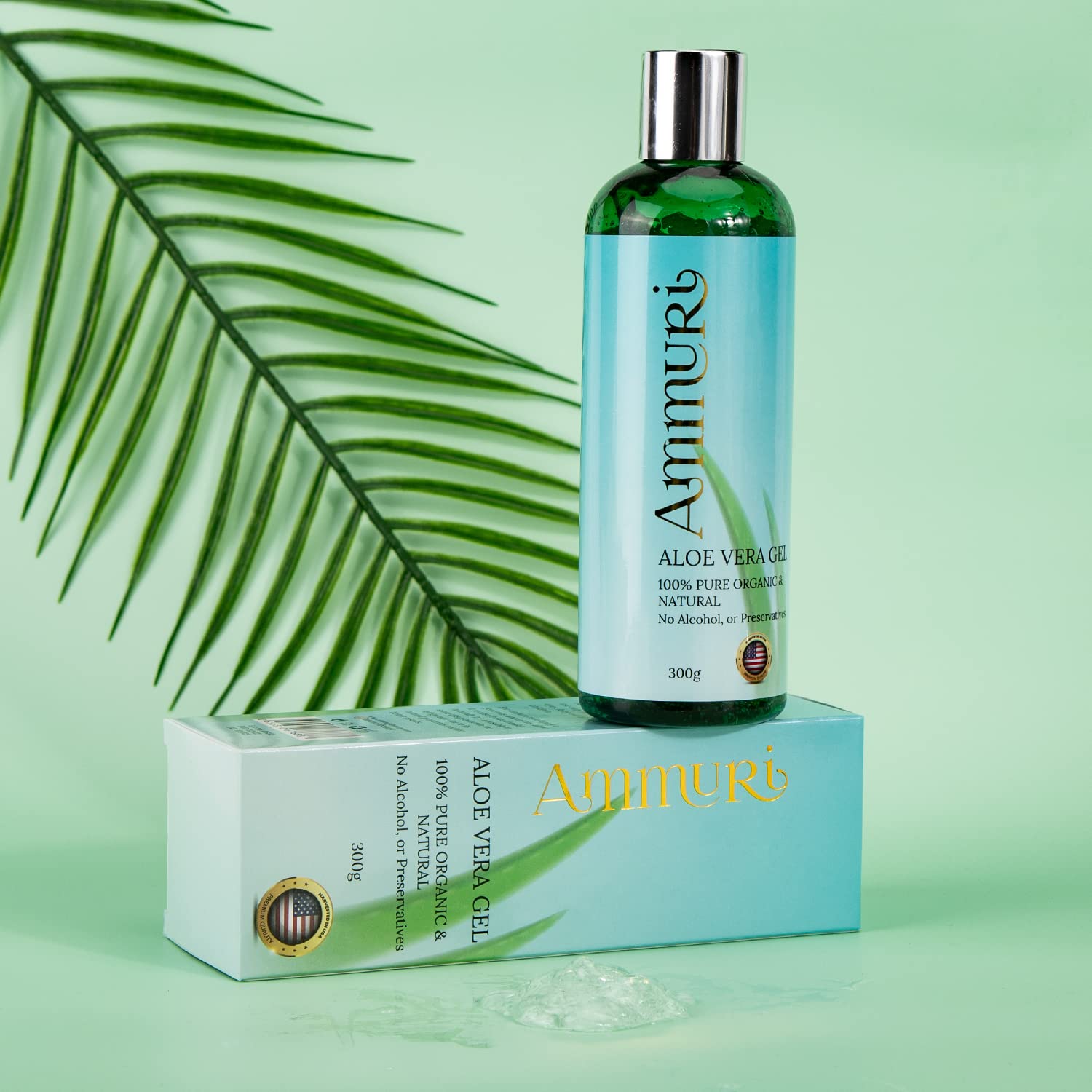 Ammuri Organic Aloe Vera Gel - 100% Pure Aloe from Fresh Leaves - Soothing Skin & Hair Care - Fast Absorbing - Non-Sticky - Large Bottle 300ML