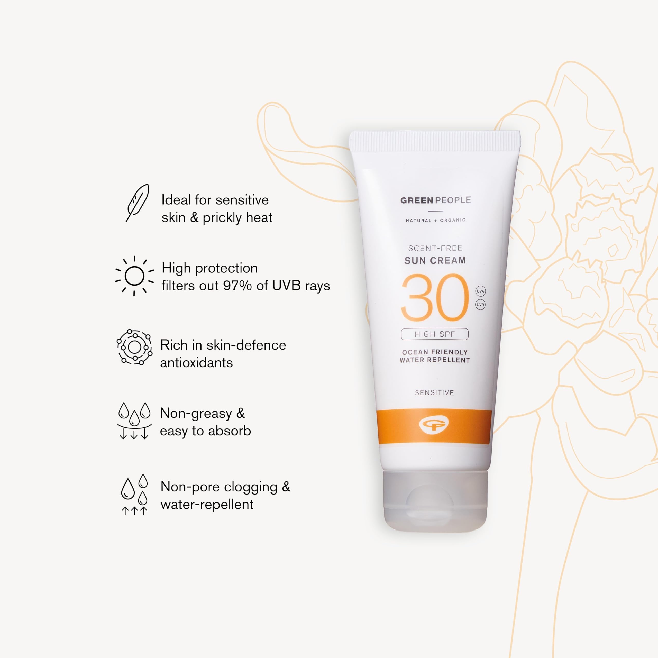 Green People Scent Free Sun Cream SPF30 - Travel Size Sunscreen - For Sensitive Skin & Prickly Heat - Reef Safe & Cruelty Free, 100ml