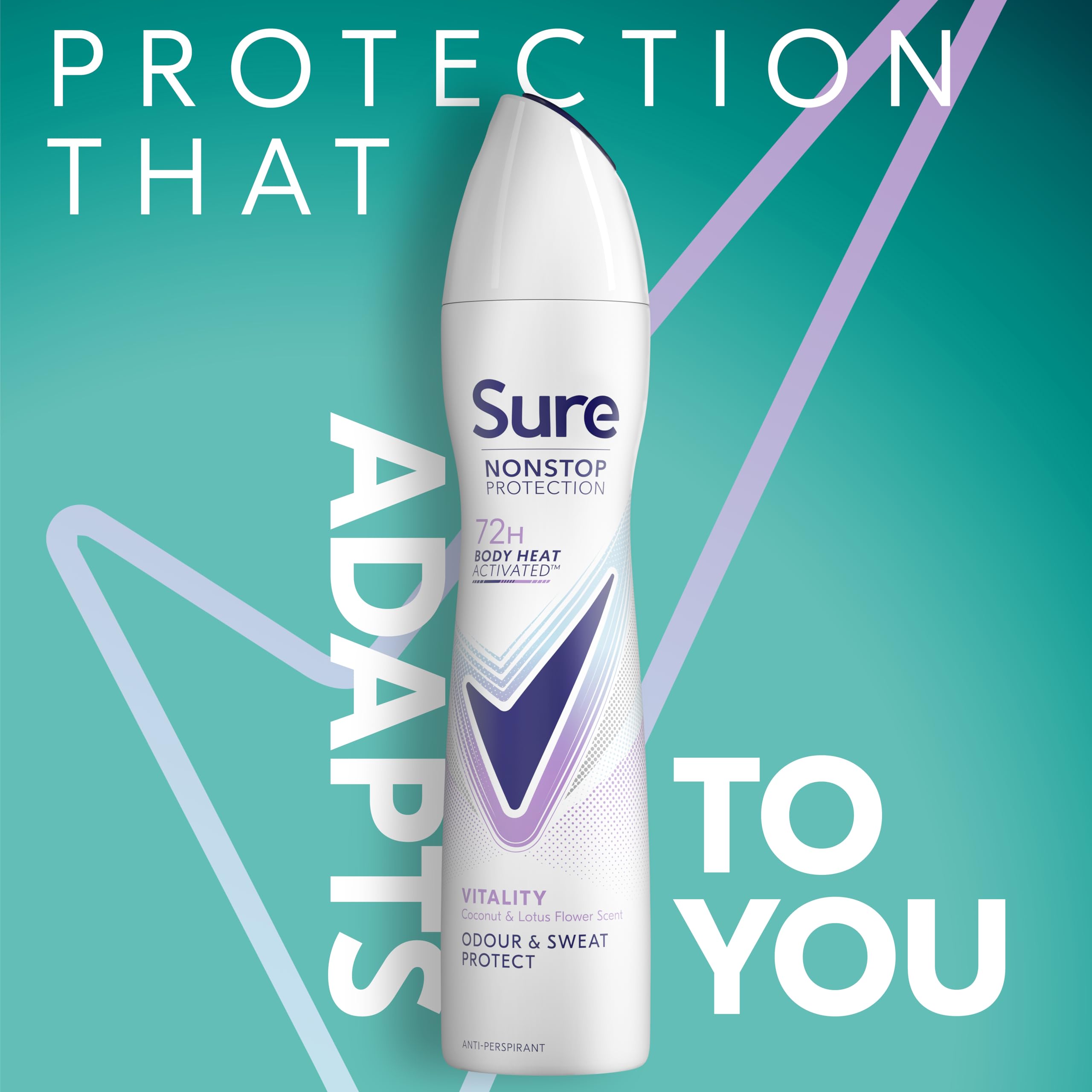 Sure Nonstop Protection Vitality Anti-Perspirant Aerosol Women's Deodorant Spray with Body Heat Activated tech. and a coconut & lotus flower scent for 72 hour odour and sweat protection 6x 250 ml