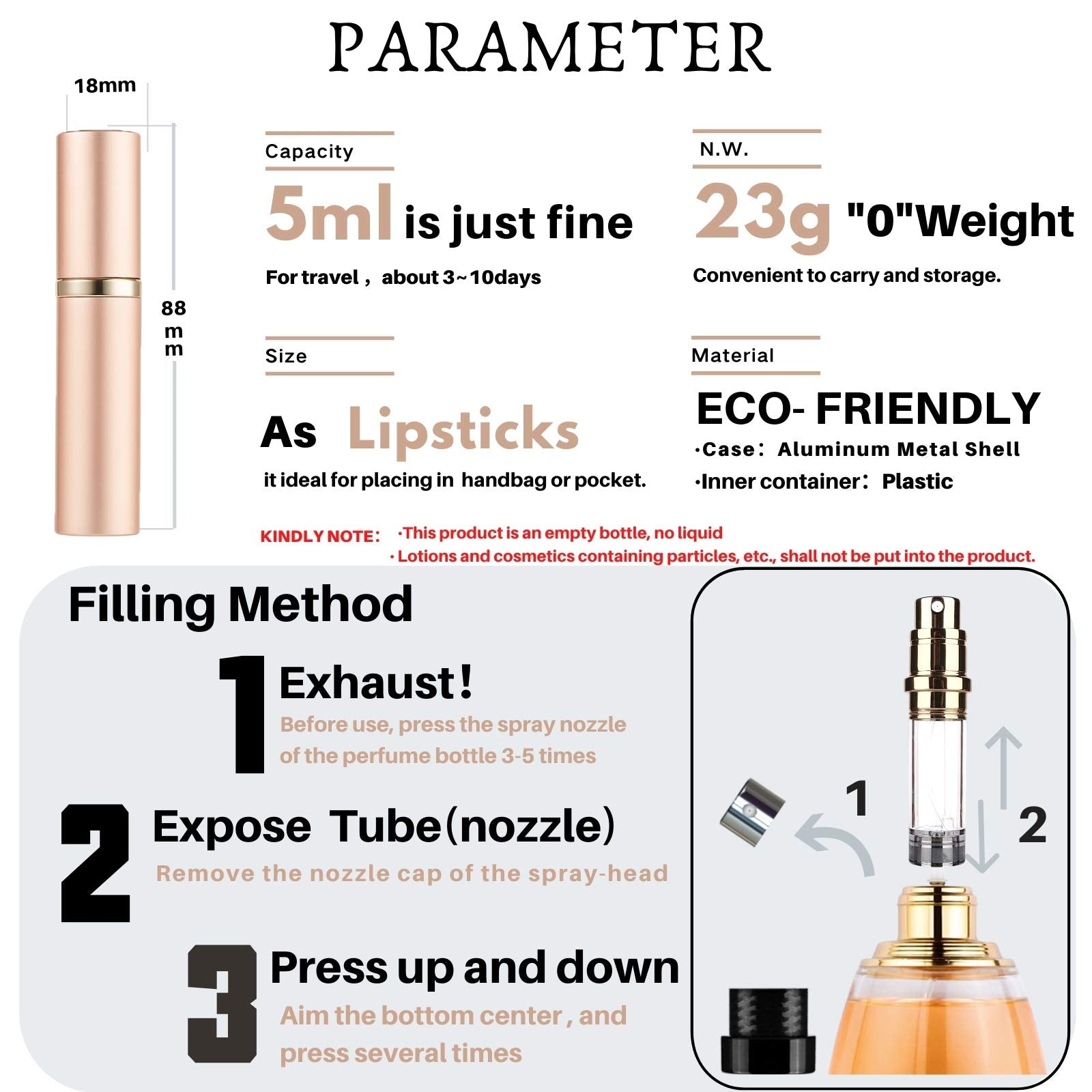 AsaNana Perfume Atomiser, Refillable & Travel Size Perfume Bottle, Leaking Proof,Bottom Pump without Funnel, Luxurious Small women and men, 5ml (CLa-2P(Black&RoseGold))
