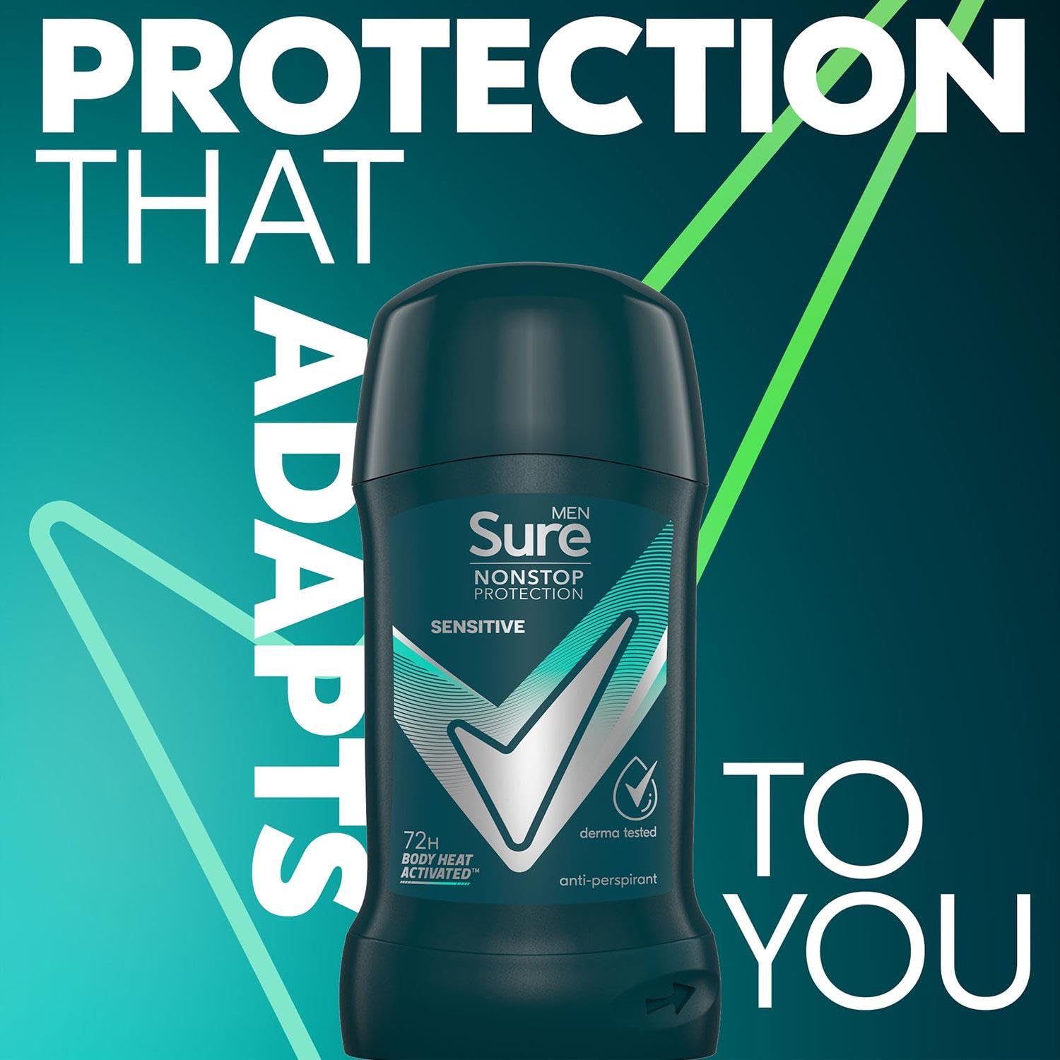 Sure Antiperspirant Deodorant Stick Sensitive 72H Nonstop Sweat and Odour Protection Roll On with Citrusy, Spicy and Woody Scent Deodorant for Men, 50ml Pack of 6