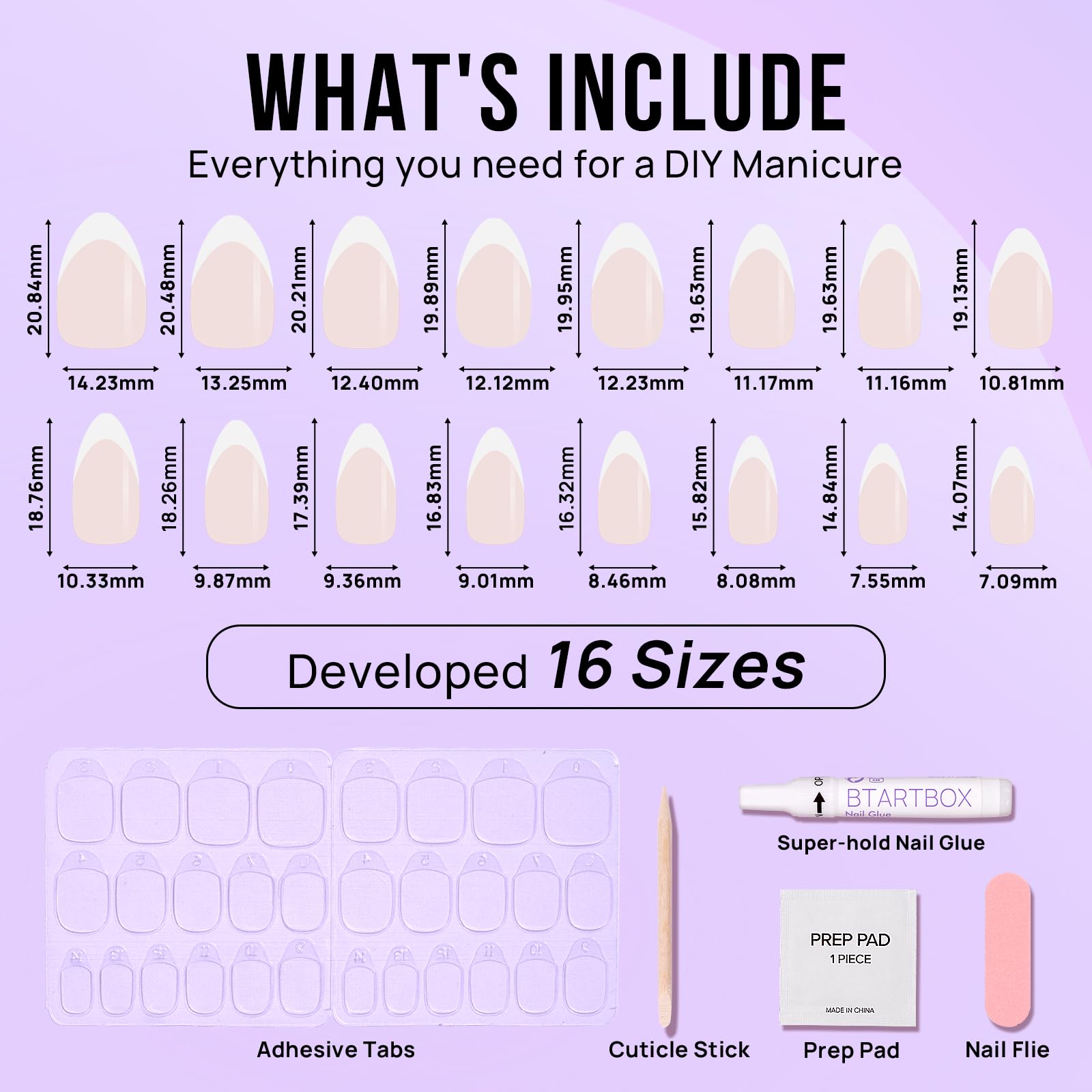 BTArtbox French Tip False Nails - Short Almond Press on Nails with Glue, 30Pcs Soft Gel Fake Nail in 15 Sizes, Reusable Semi-Transparent Stick on Nails for Women, White French