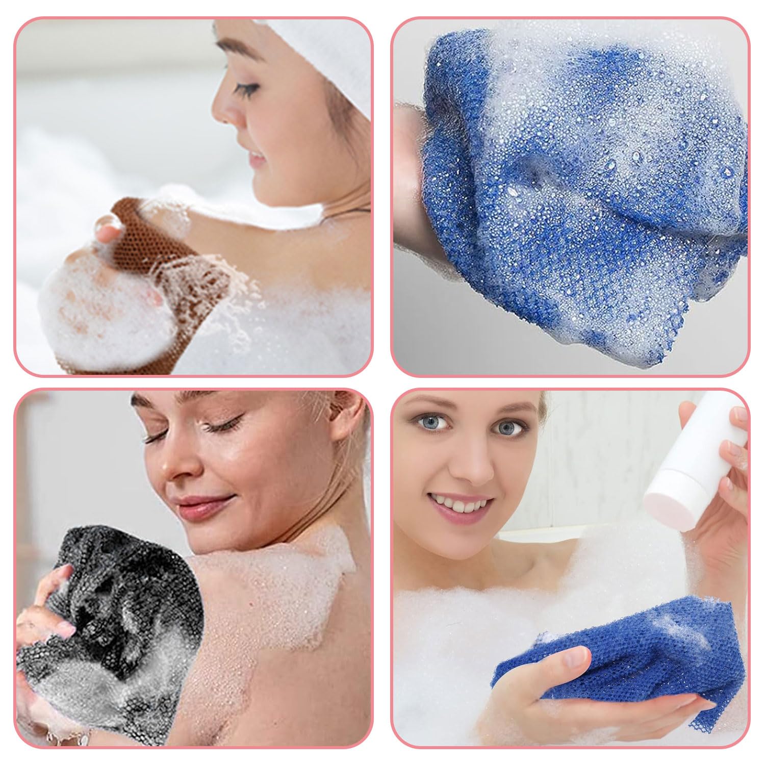 3PCS African Net Sponge Bath African Exfoliating Net Cleaning African Net Bathing Sponge Back Scrubbers Shower Body Cleaning Spa Massage Bath Towel Back Scrubber for Women Men Shower(Brown Pink Black)