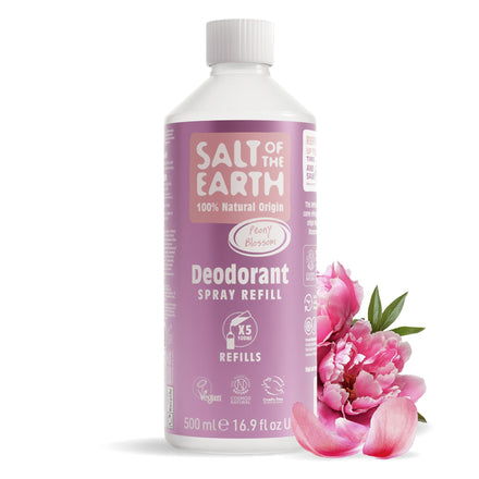 Salt of the Earth - Natural Deodorant Spray Refill - Certified Natural, Vegan, Long Lasting Protection, Leaping Bunny Approved, Made in the UK - 500ml (Peony Blossom, 500ml)