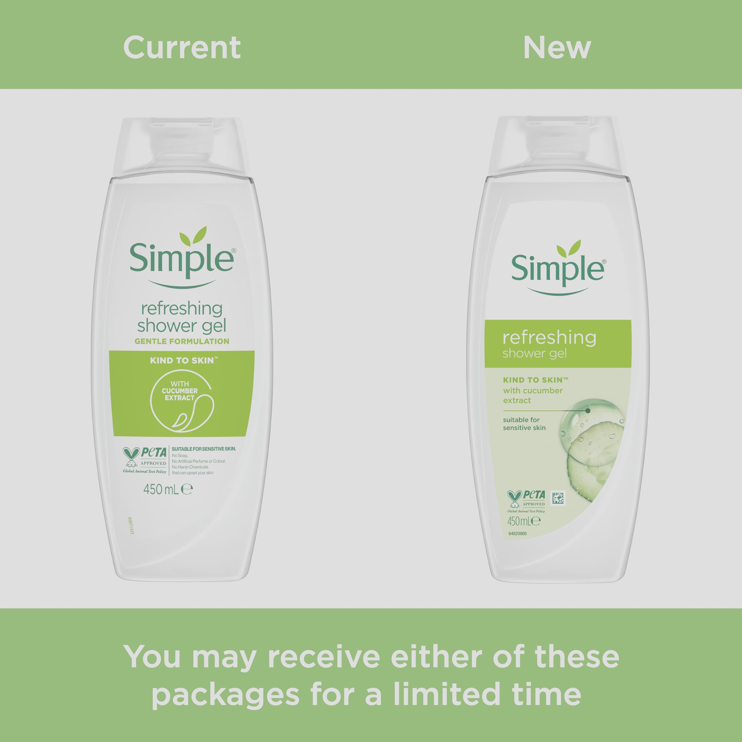 Simple Kind to Skin Refreshing Shower Gel Body Wash with cucumber extracts and pro-vitamin B5 for sensitive skin 6x 450 ml