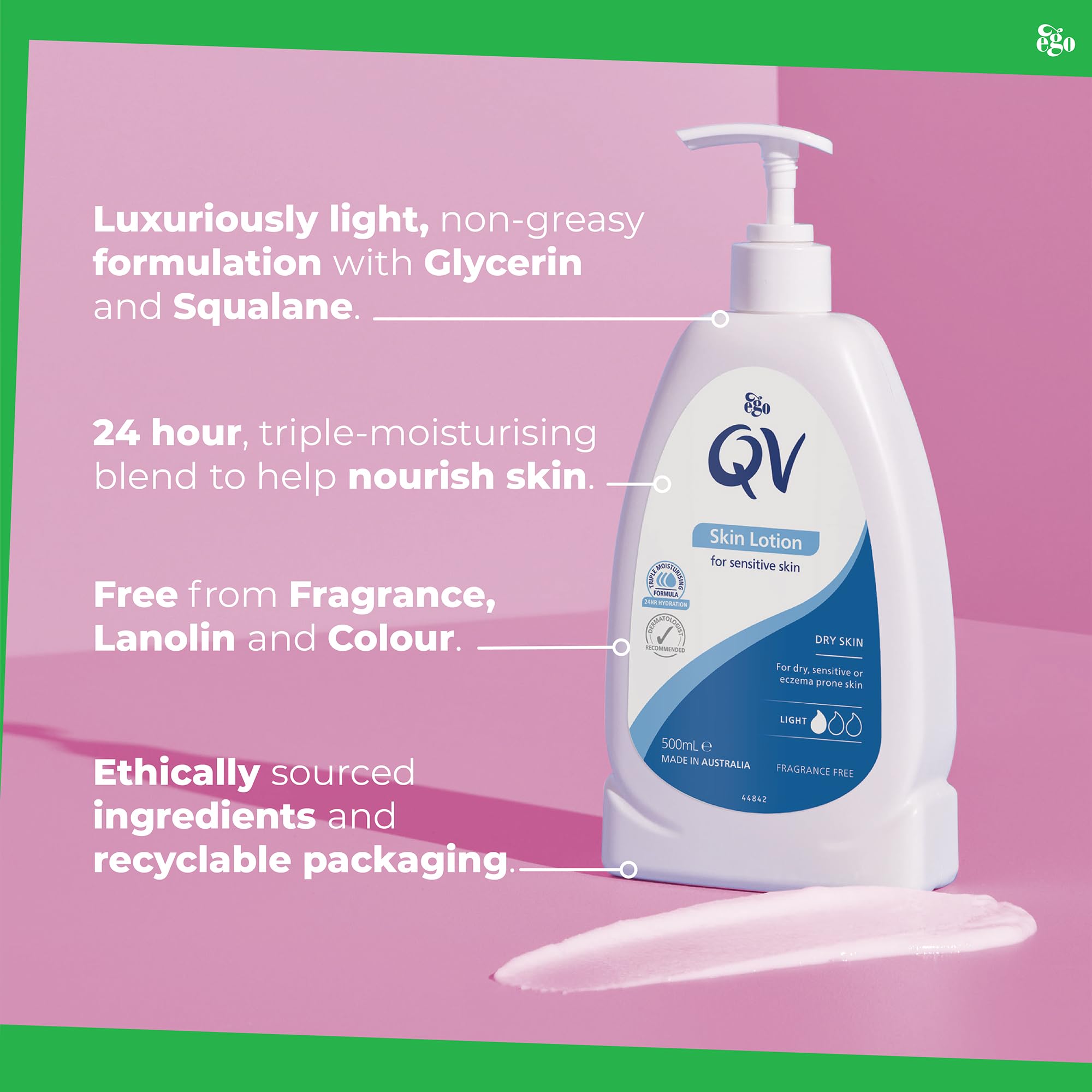 QV Lotion (500ml) Lightweight Hydrating Moisturiser for Dry, Sensitive Skin, Emollient Body Lotion, Fragrance Free, Noncomedogenic Body Cream, Soothing Skin Care for Eczema, Psoriasis, Dermatitis