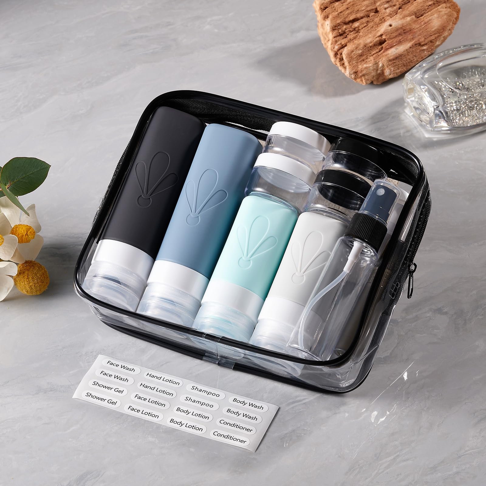 INSFIT 17 Pack Travel Bottles for Toiletries, CAA Approved Travel Size Containers with Labels, BPA Free Leak Proof Squeezable Silicone Travel Toiletries for Shampoo Conditioner Lotion Body Wash