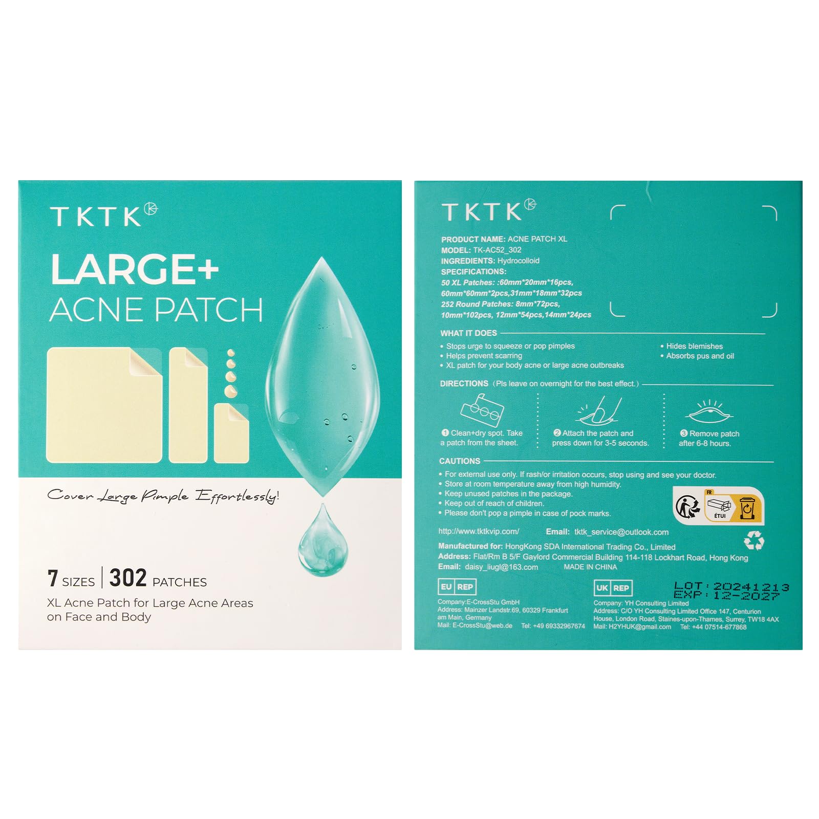 TKTK Large Pimple Patches for Face, 7 Sizes XL Acne Patches, Big Hydrocolloid Bandages for Body, Chin, Forehead, Chest, Back Zit Breakouts, Hydrocolloid Patch (7 Sizes 302 Count)