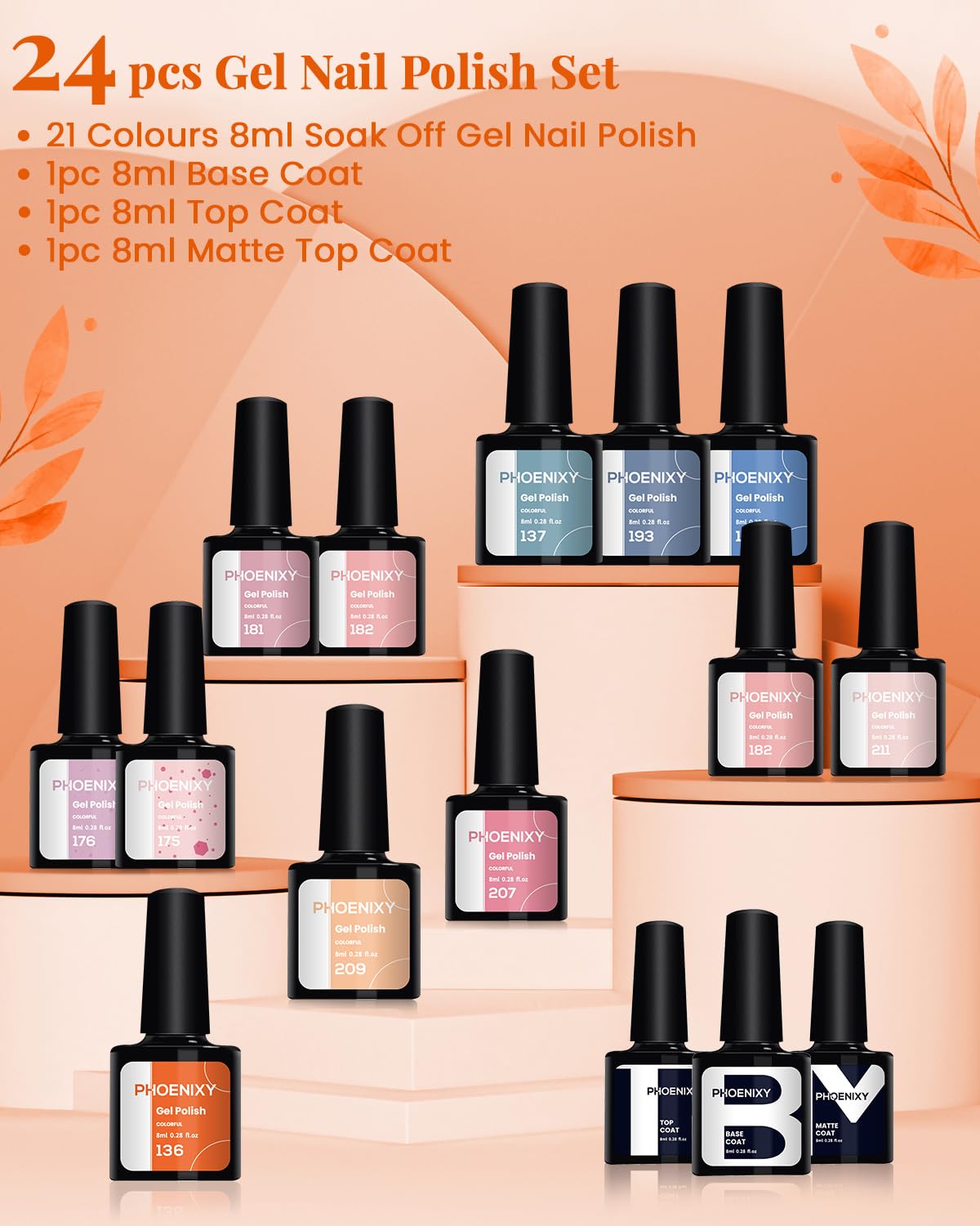 Gel Nail Polish Set - Phoenixy 24pcs 8ml UV Gel Nail Polish Starter Kit Soak-off Gel Polish Nail Varnish Sets Nails Polishes with Base and Top Coat Gifts for Women