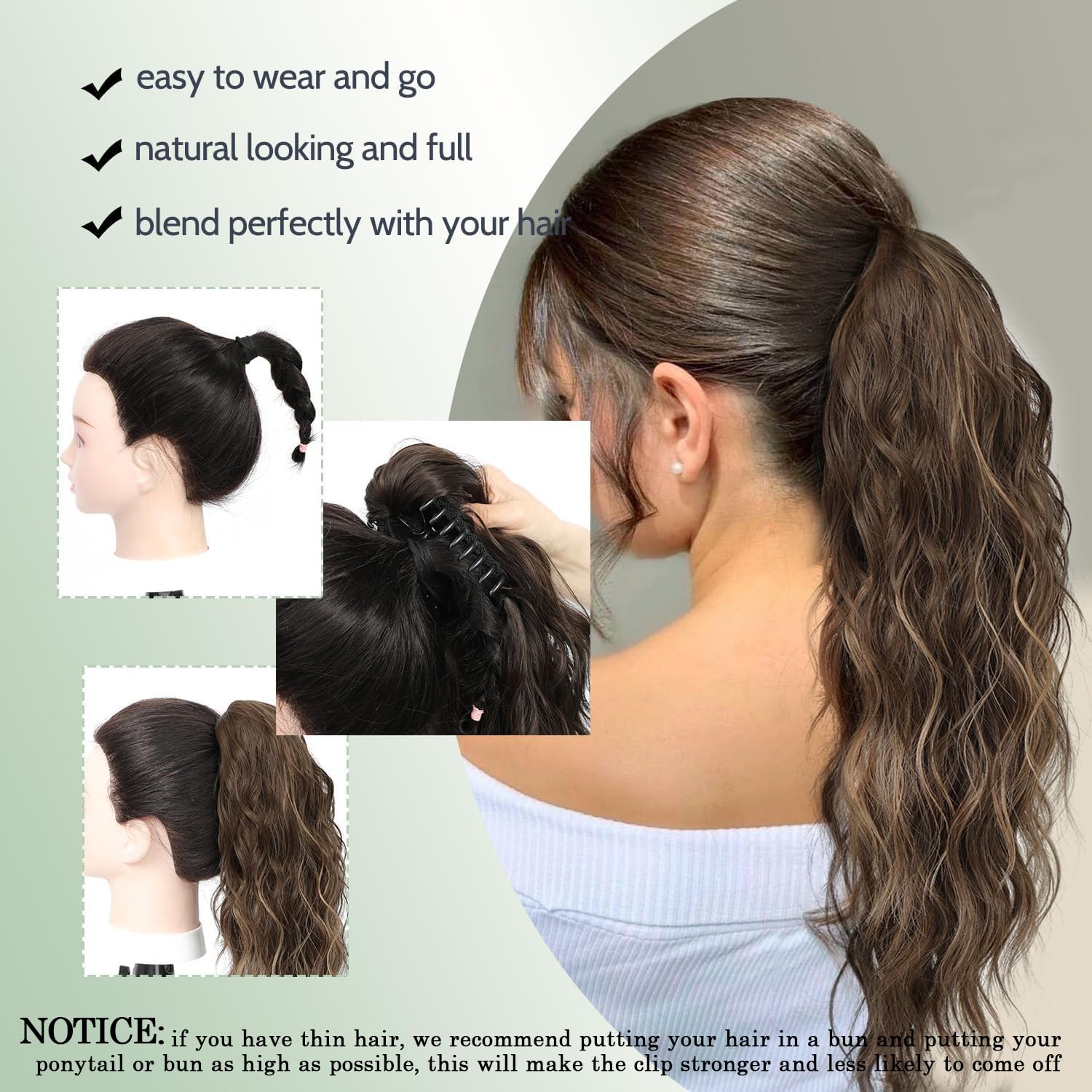 FINE PLUS Ponytail Extension Claw Synthetic Curly Wavy Claw Clip in Ponytail Hair Extensions 18INCH Curly Ponytail Extension Hair Hairpieces for Daily Party Use Dark Cool Brown Color