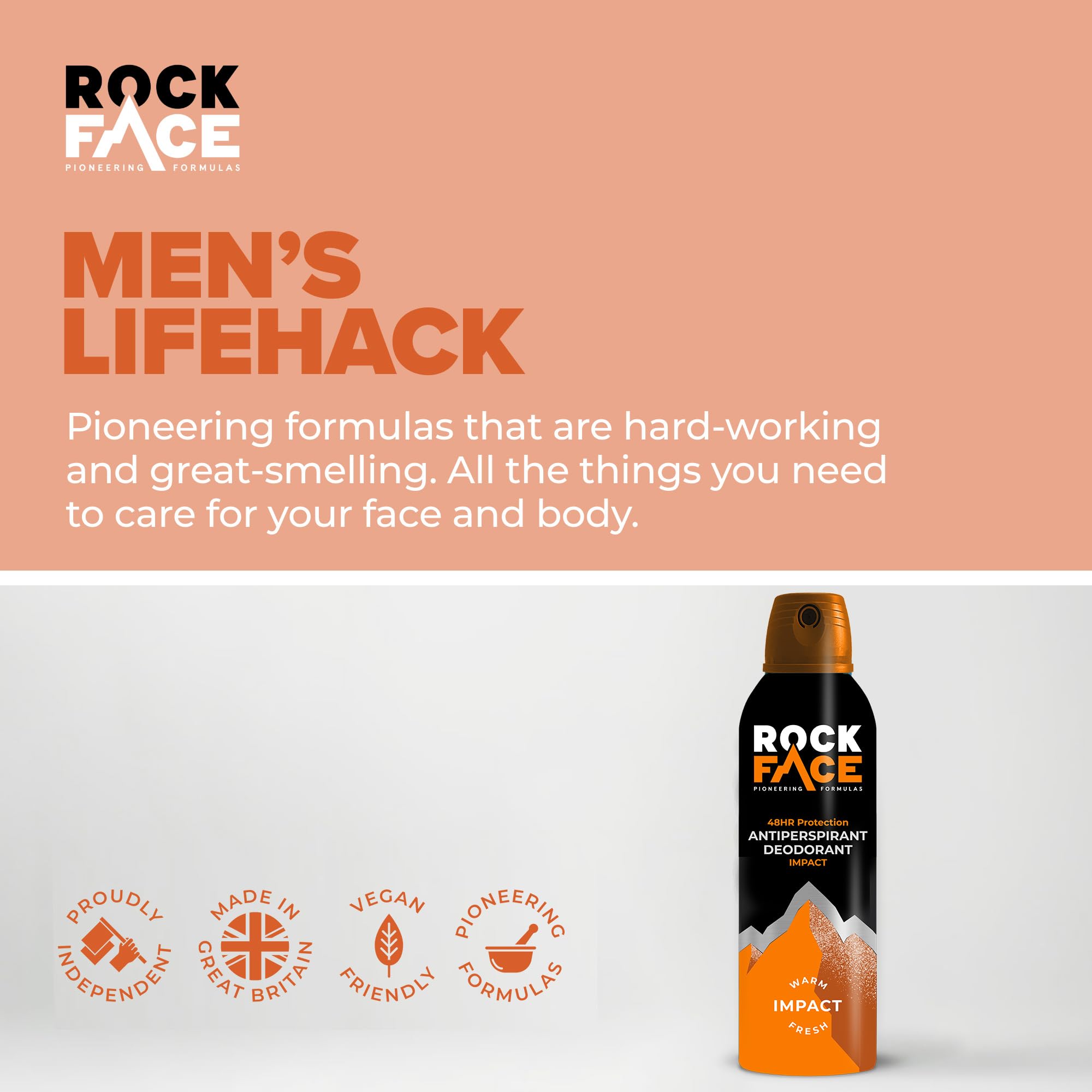 Rock Face Antiperspirant Deodorant for Men - Impact Ginger & Amber Scent, 200ml Spray, 48 Hour Protection, Non-Staining, Multipack of 6