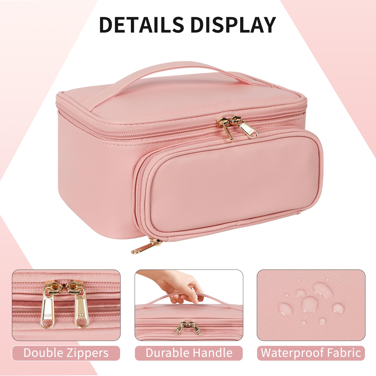 Travel Makeup Bag, Portable Cosmetic Bag with Makeup Brush Organiser Large Capacity Make up Case Water-Resistant Toiletry Bag for Women Travel Essentials, Large Pink