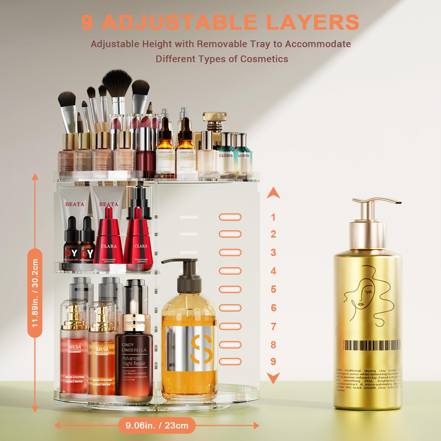 Auxmir Makeup Organiser, 9 Adjustable Layers Cosmetic Organiser with 360 Degree Rotating, Large Capacity Revolving Makeup Storage on Stand Spinning in Vanity Table, Bedroom, Bathroom