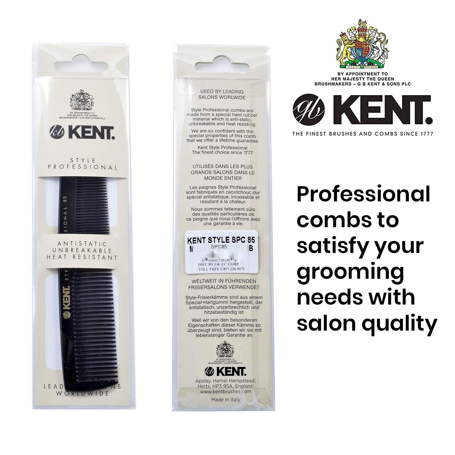 Kent SPC85 5 inch Salon-Style Dressing Cutting Comb with Wide and Fine Teeth Professional Barber Haircut Comb for Styling and Teasing, Hard Rubber, Anti-static, Unbreakable & Heat Resistant