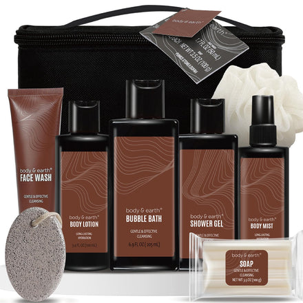 Bath and Body Gift Baskets for Men Body & Earth Sandalwood Mens Bath Set with Body Lotion, Face Wash, Shower Gel, Bubble Bath, Loofah & More, Gift Set for Men,Fathers Day Gifts for Him