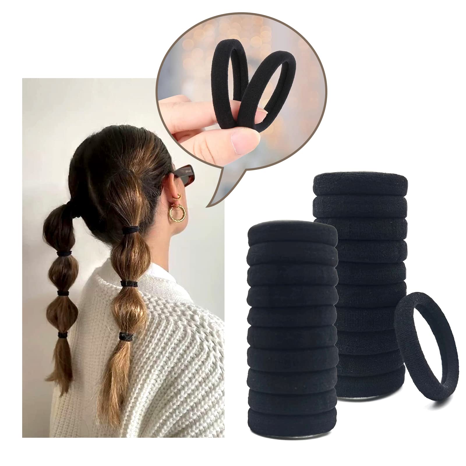 Yedtreg Hair Bobbles for Women, 30 Pack Black Hair Ties No Damage, Seamless Soft Hair Bands for Thick Curly Hair, Strong Elastic Ponytail Holders Hair Accessories (Black Colour)
