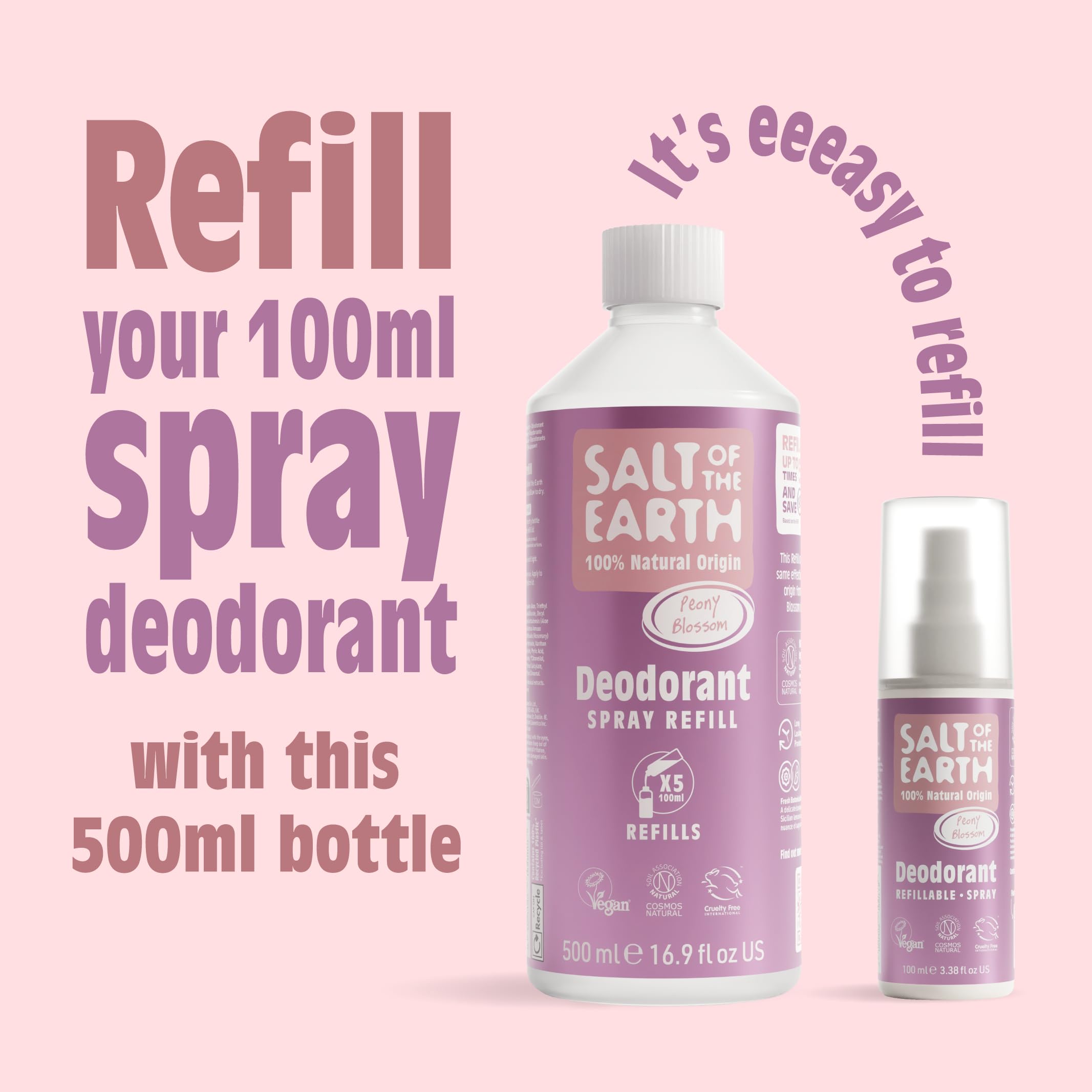Salt of the Earth - Natural Deodorant Spray Refill - Certified Natural, Vegan, Long Lasting Protection, Leaping Bunny Approved, Made in the UK - 500ml (Peony Blossom, 500ml)