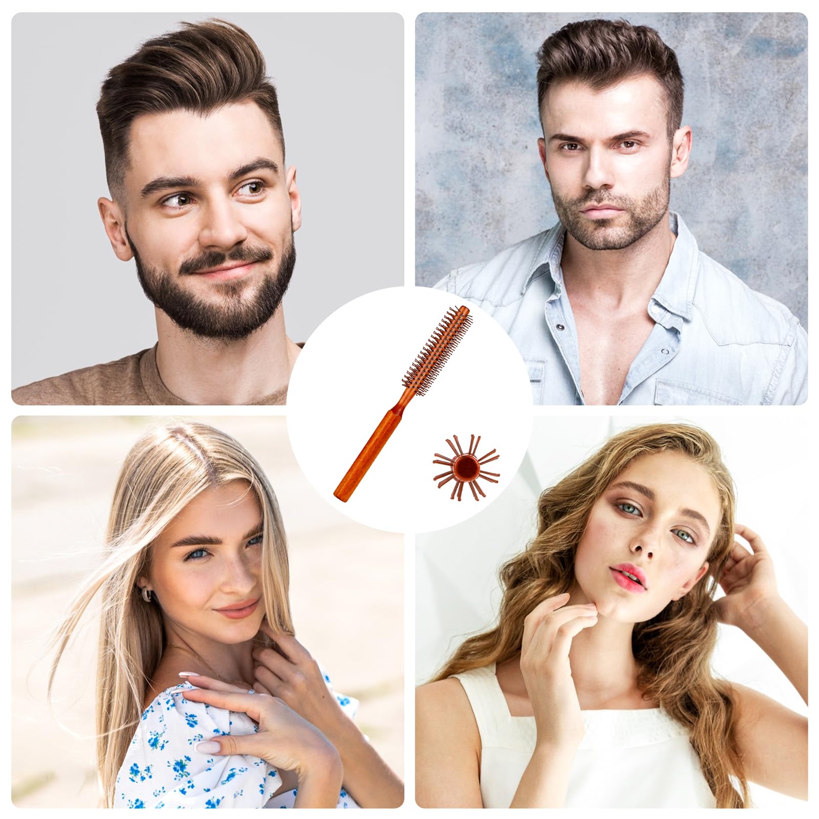 Mozeat Lens Small Round Hair Brush, Wooden Handle, Nylon Bristles, Travel Size, Adds Volume and Facilitates Styling and Curling of Short Hair, Unisex, Brown