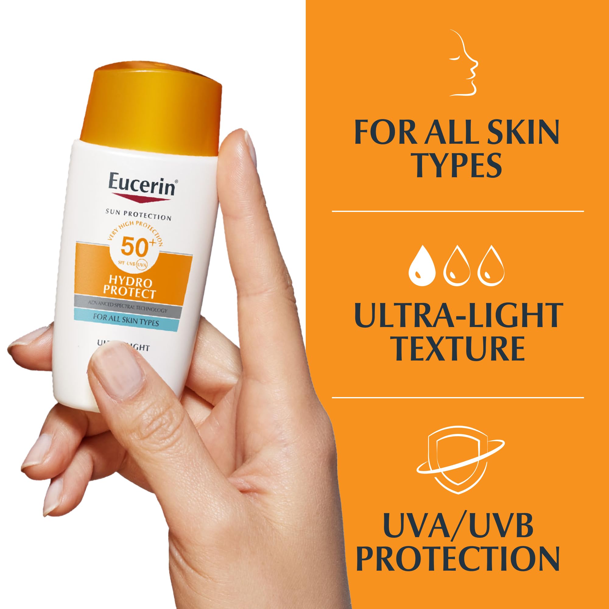 Eucerin Sun Face Hydro Protect Ultra-Light Fluid SPF 50+ 50ml, Facial Sunscreen with Non-Greasy Finish, Fast-Absorbing and Ultra Broad Spectrum Face Sun Cream