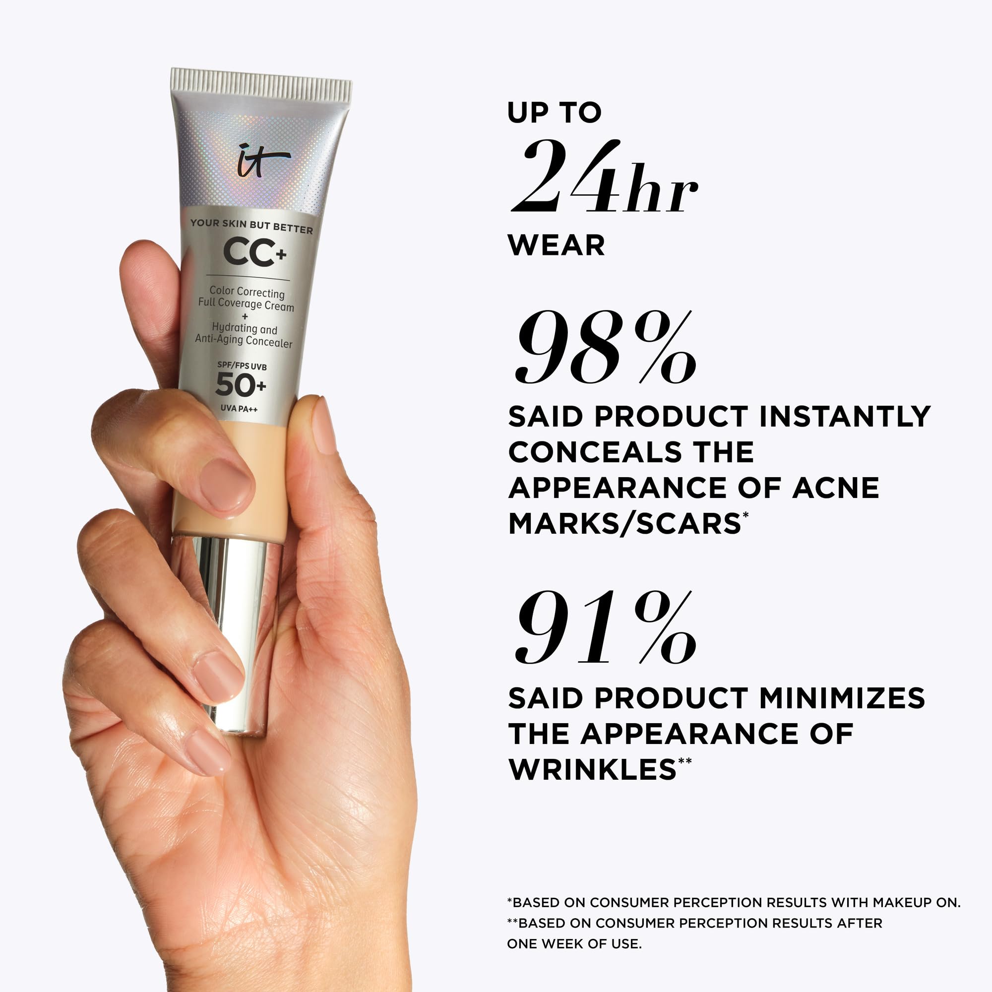 iT Cosmetics Full Coverage Foundation with SPF 50 Protection, Enriched with Hyaluronic Acid & Vitamin E, Your Skin But Better CC+ Cream, Shade: Fair Light, 32ml