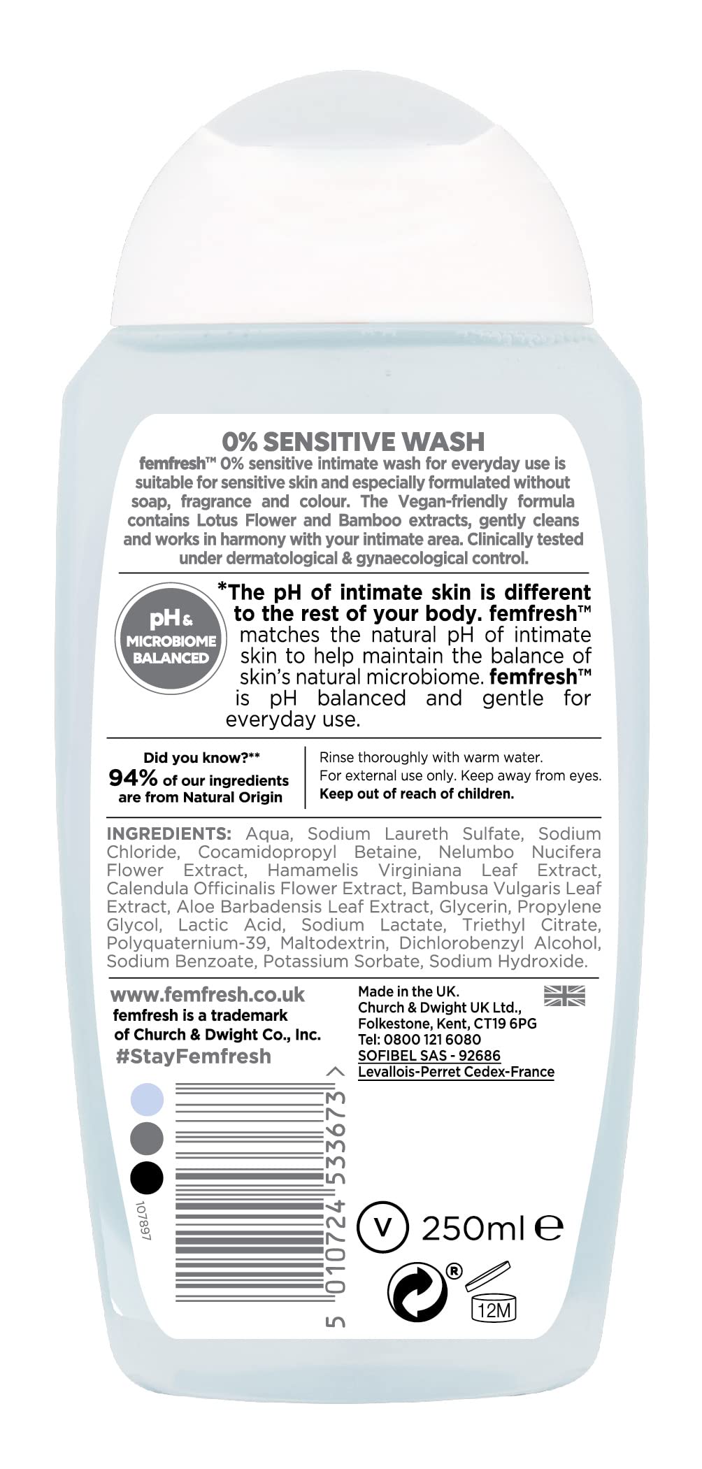Femfresh 0% Sensitive Intimate Wash - Feminine Hygiene Shower Gel Cleanser - pH Balanced, Soap Free, Fragrance Free Vegan Formula - Lotus Flower Extract to Soothe & Protect - 6 x 250ml Multi Pack