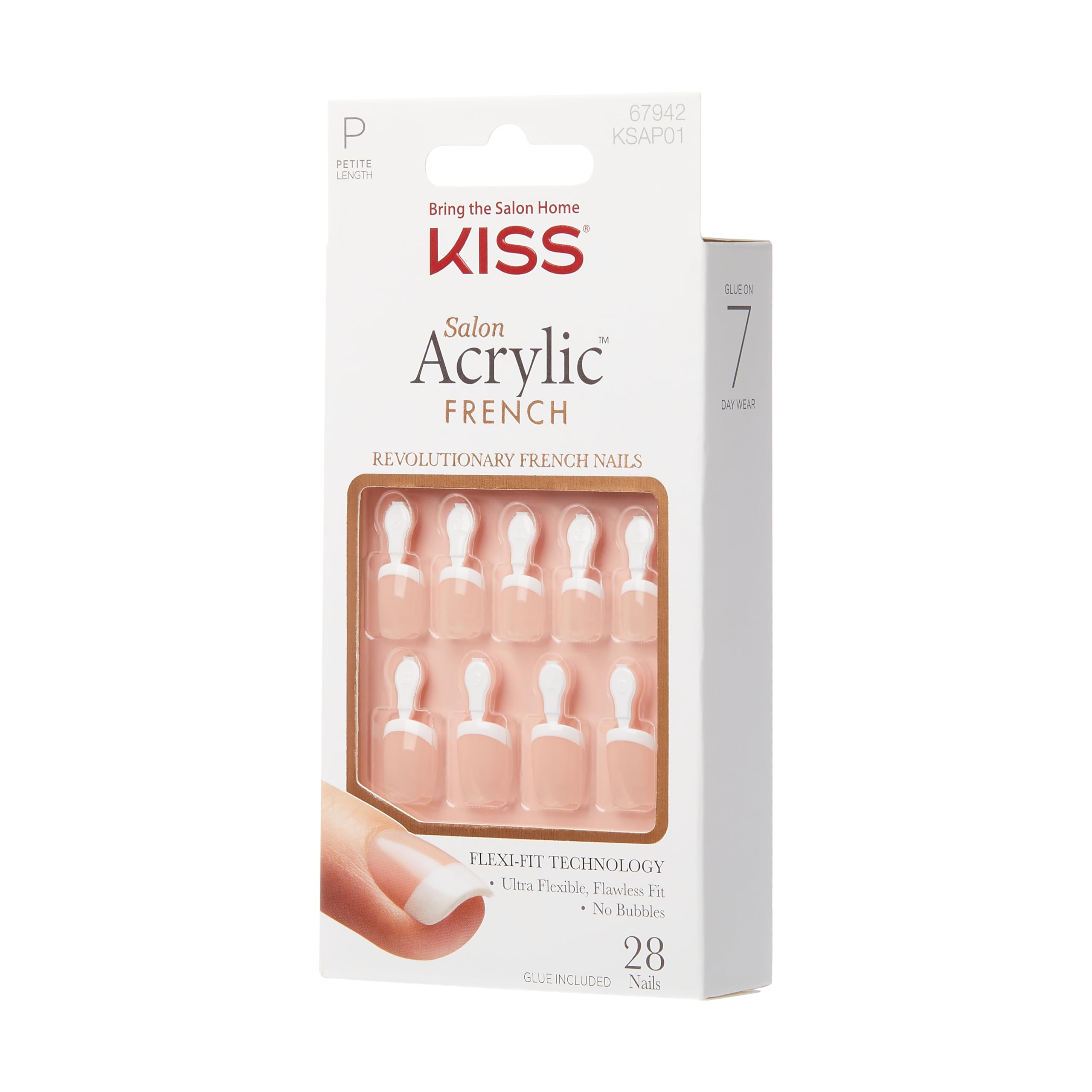 KISS Salon Acrylic, Press-On Nails, Nail glue included, 'Crush Hour', French, Petite Size, Squoval Shape, Includes 28 Nails, 2g Glue, 1 Manicure Stick, 1 Mini File