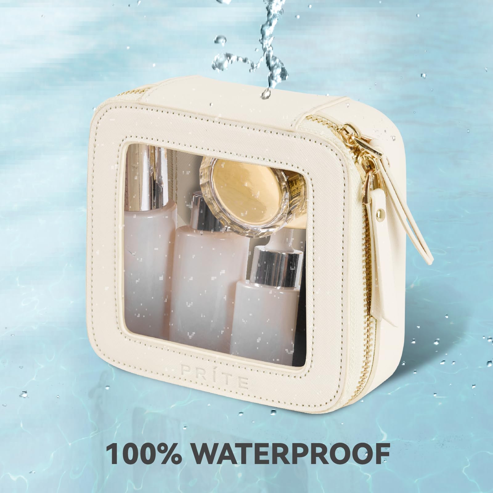 Prite Small Clear Makeup Bag with Gift Box Mini Cosmetic Case Waterproof Travel Toiletry Pouch Car Essentials with Double Zippers (Beige)