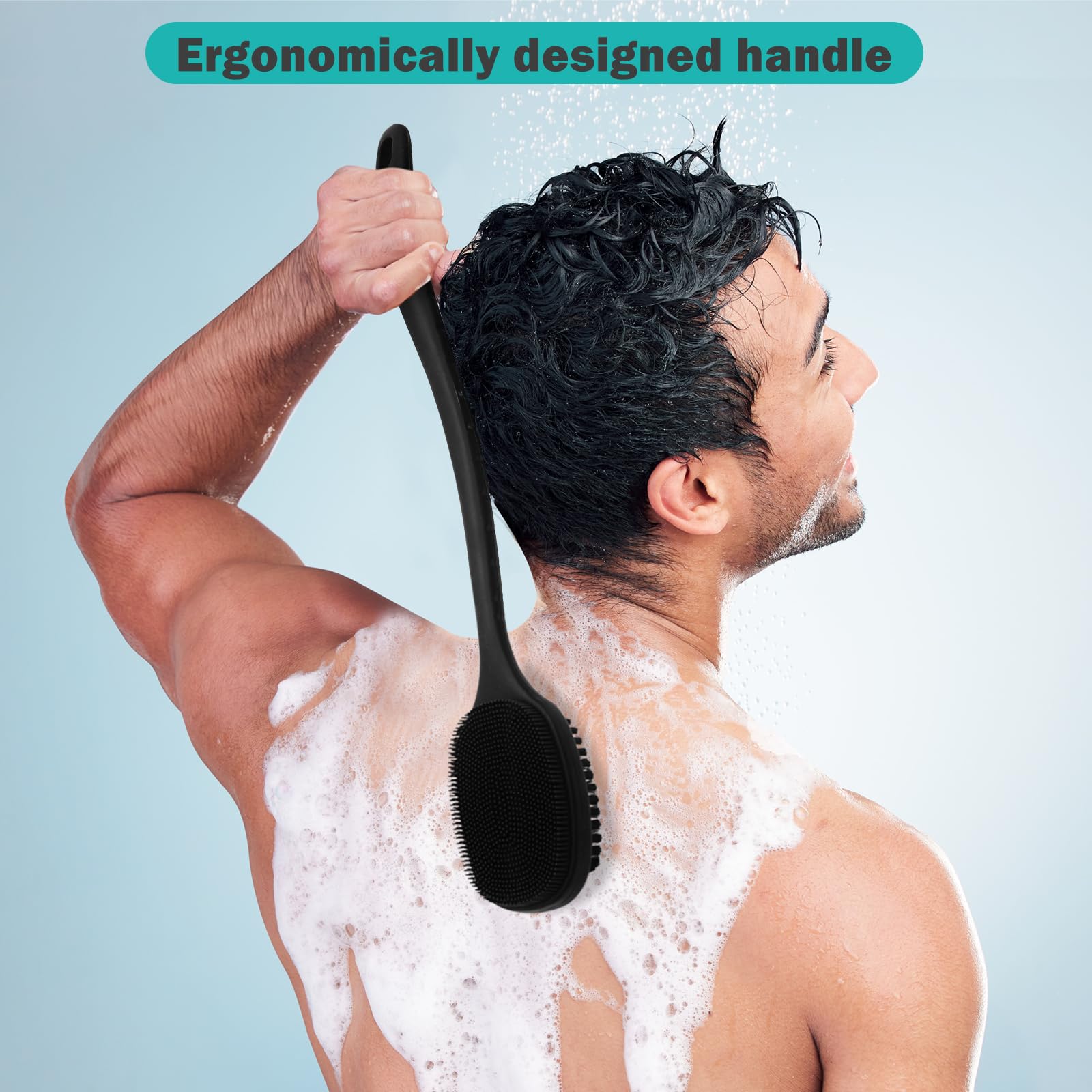 Row&Keep Back Scrubber for Shower, New Updated, Reversible Body Scrub Brush, Long Handle, Comes with Soft Silicone Bristles and Stiff Nylon Bristles for Shower Scrubbing and Massage