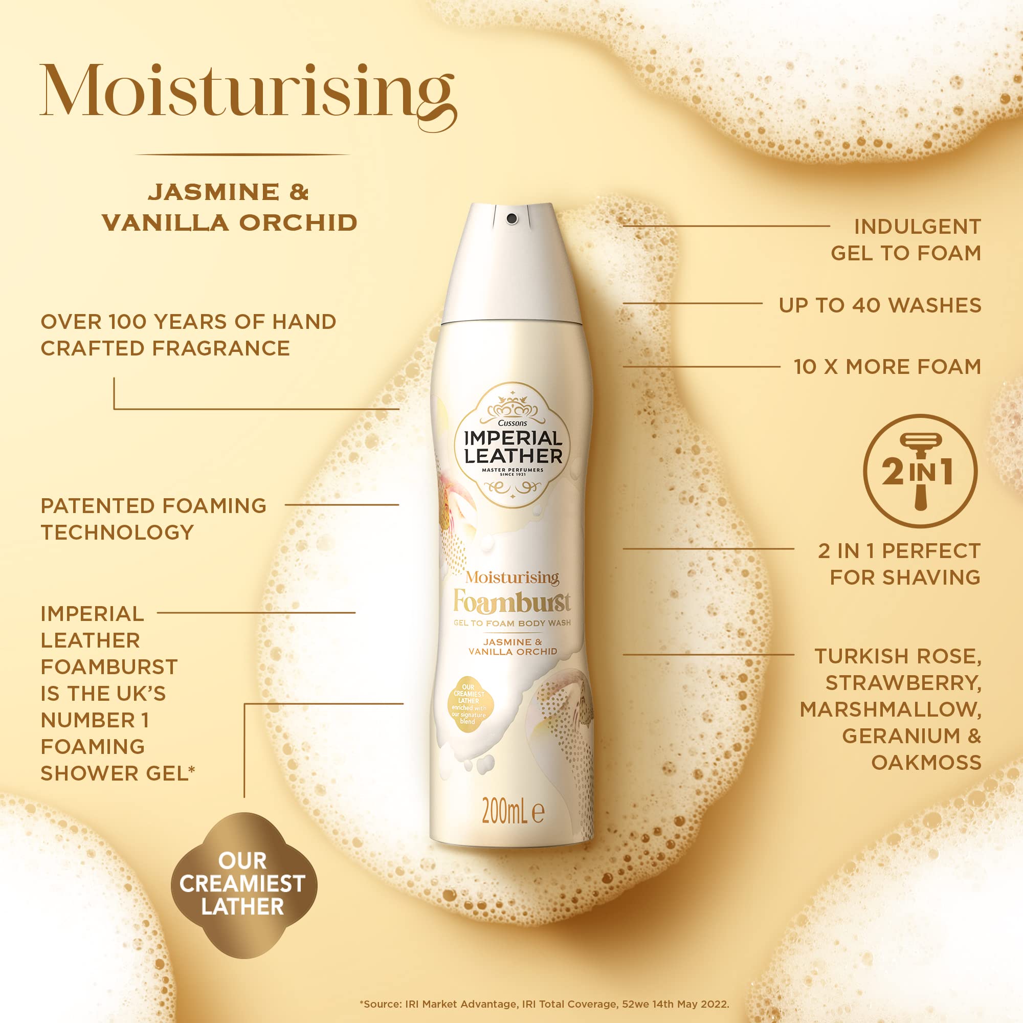 Imperial Leather Foamburst Moisturising Shower Gel, Jasmine & Vanilla Orchid Body Wash, Luxurious Foam Lather, Gentle Skin Care, Bulk Buy, Pack of 6 x 200ml