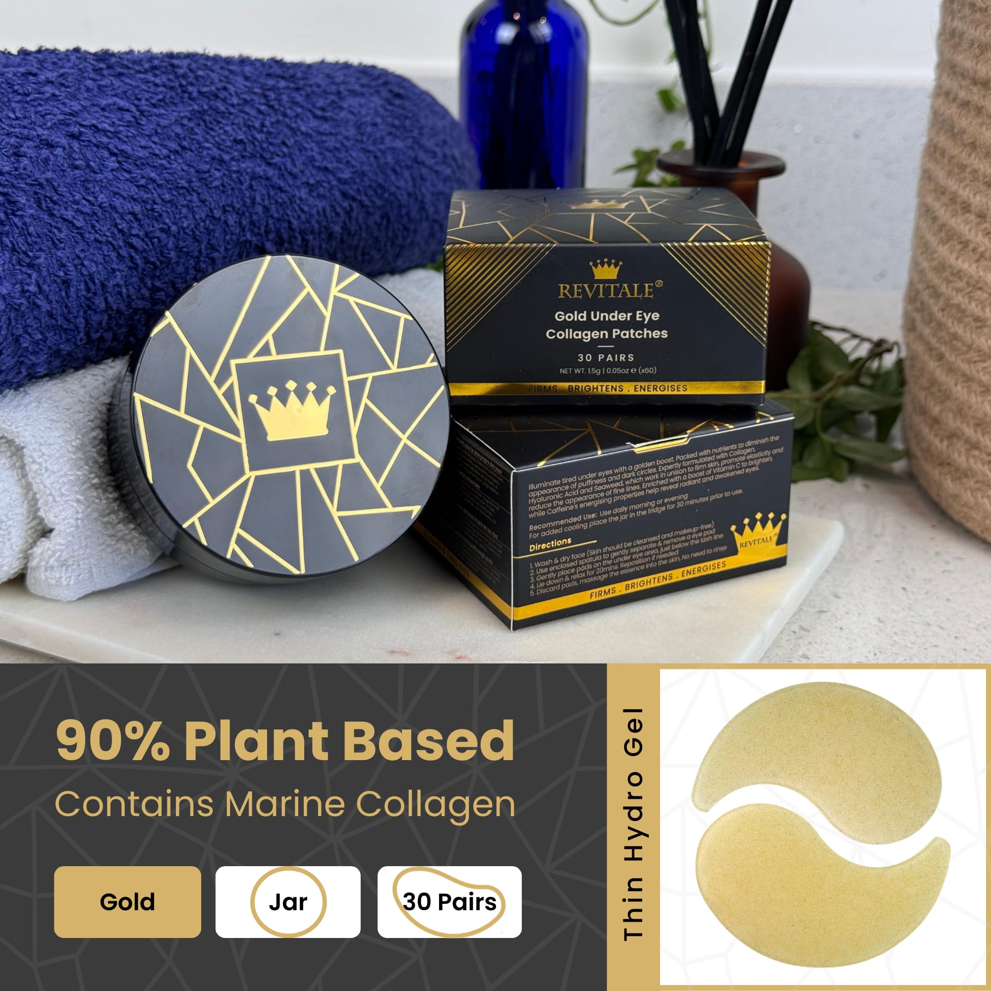 Revitale 24k Gold Under Eye Collagen Patches, Reduce Puffy Eyes & Dark Circles, Illuminate Tired Eye Masks - Firms, Brightens, Energises (Jar - 30 Pair)