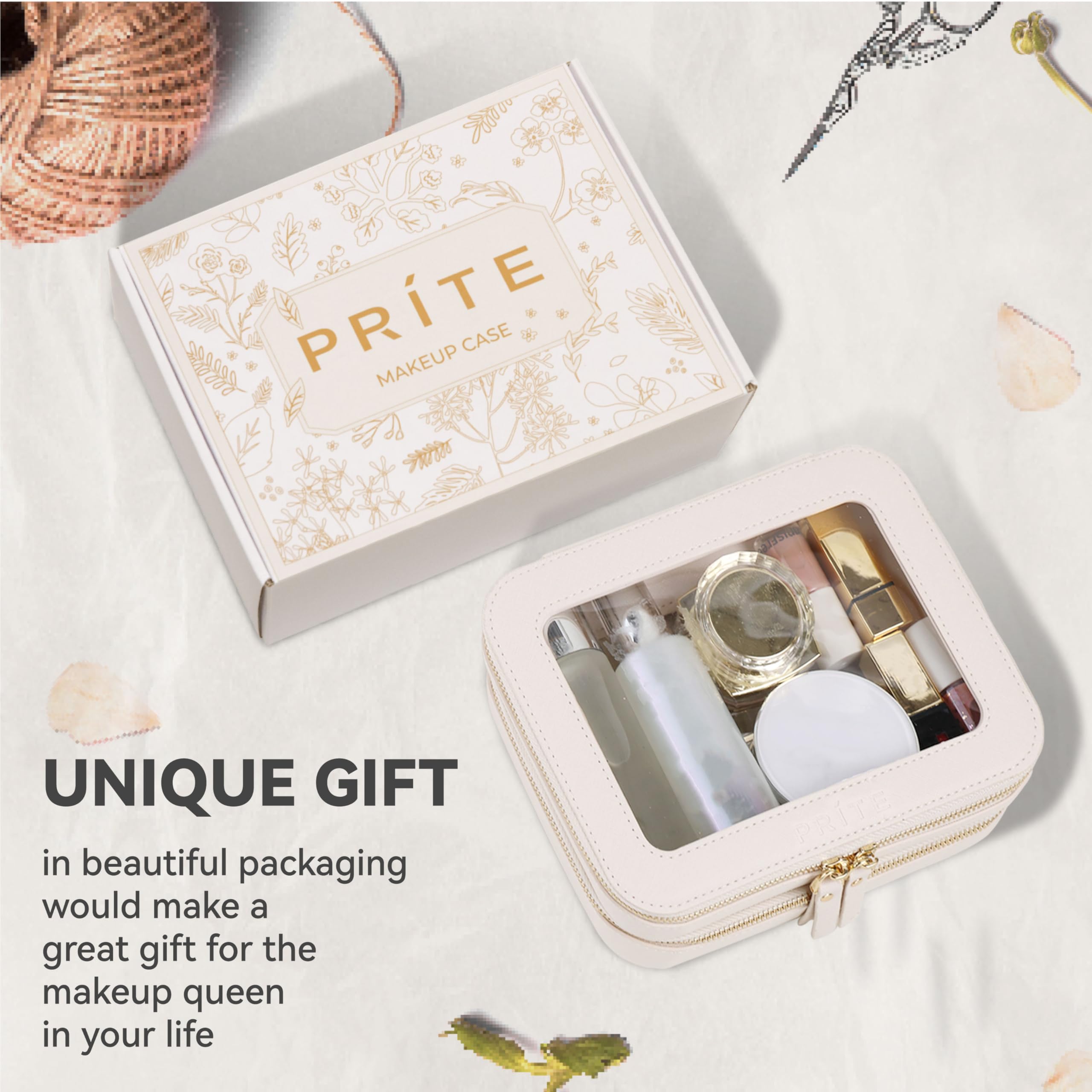 Prite Large Clear Makeup Bag with Gift Box Double Sided Cosmetic Case Two Layer Travel Toiletry Bag with Zippers and Compartment (Beige)