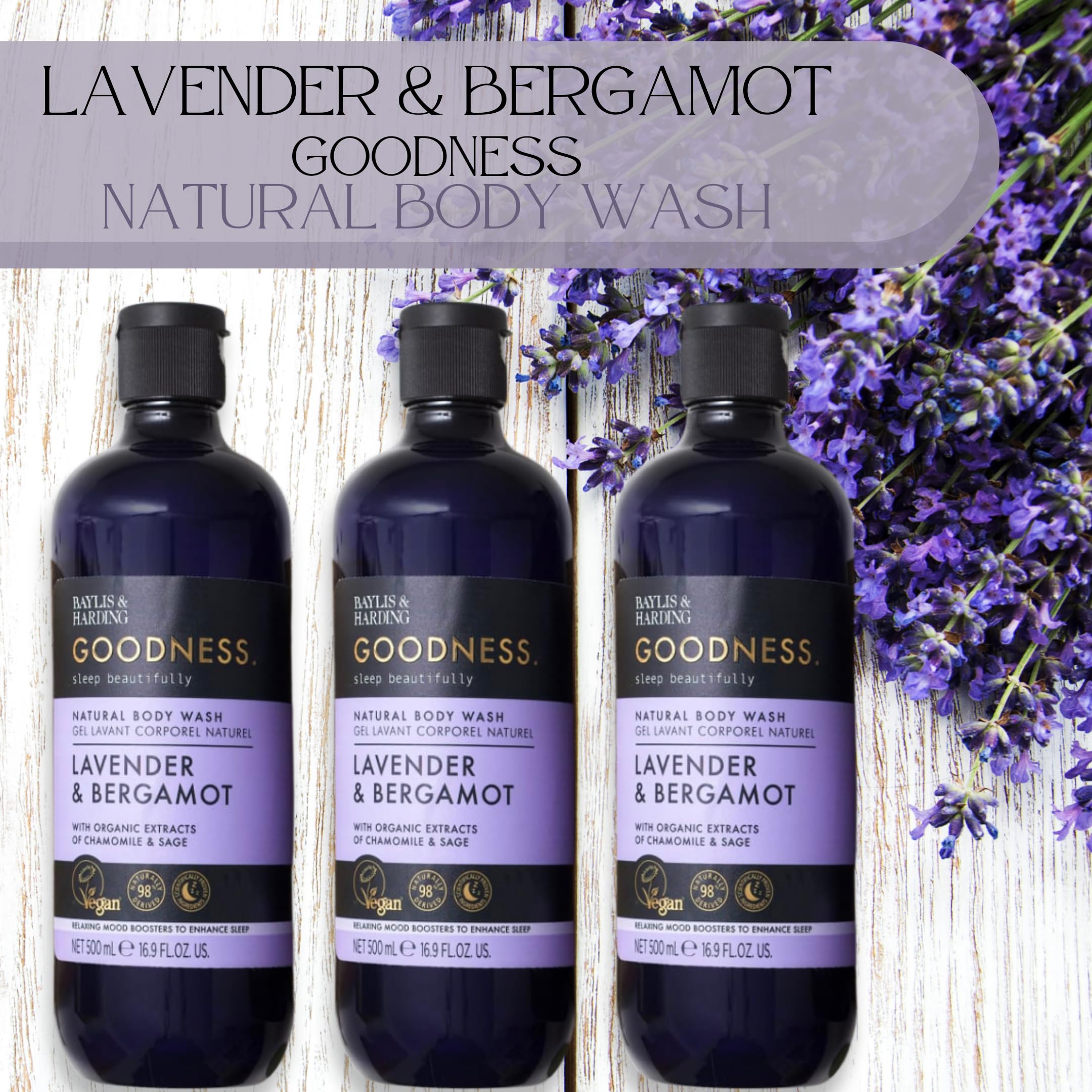 Baylis & Harding Goodness Body Wash | Lavender & Bergamot | Luxury Bath Wash with Relaxing Mood Boosters to Enhance Sleep | Natural Essential Oils, Dermatologist Approved, Vegan | 3 Pack