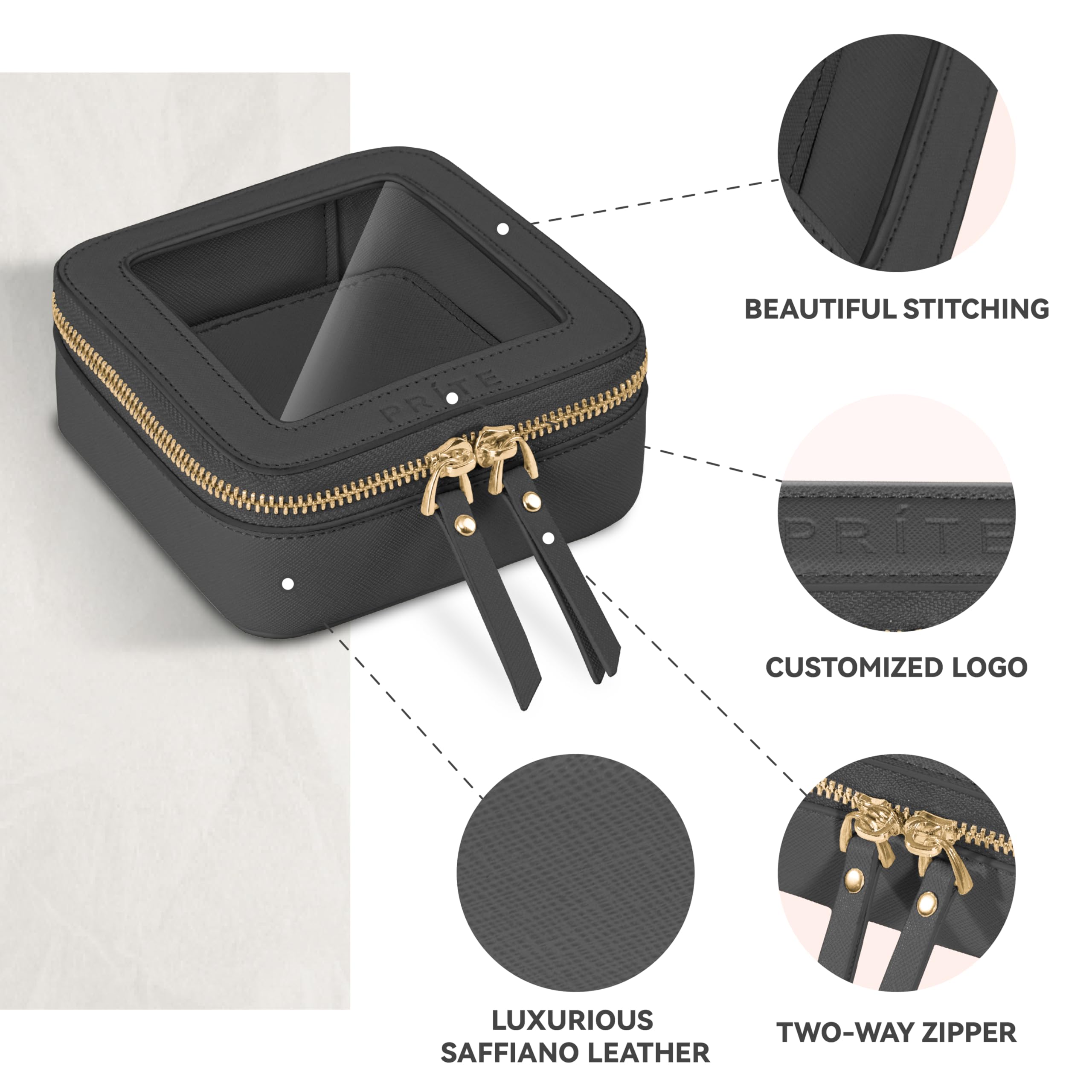 Prite Small Clear Makeup Bag with Gift Box Mini Cosmetic Case Waterproof Travel Toiletry Pouch Car Essentials with Double Zippers (Black)