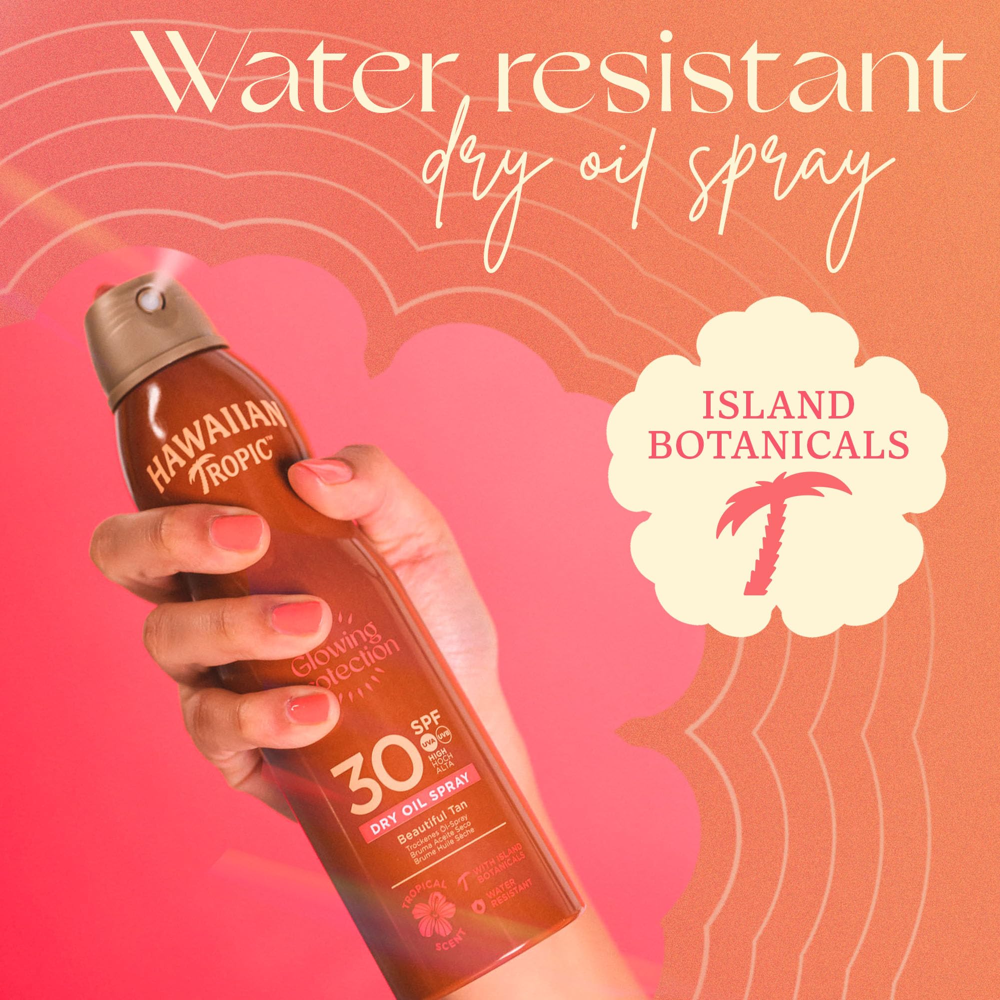 Hawaiian Tropic Glowing Protection Sunscreen Dry Oil Spray Mist, Water Resistant SPF 30 UVA plus UVB Protection Sunscreen Spray, Tropical Scent Sun Lotion with Island Botanicals, 180 ml