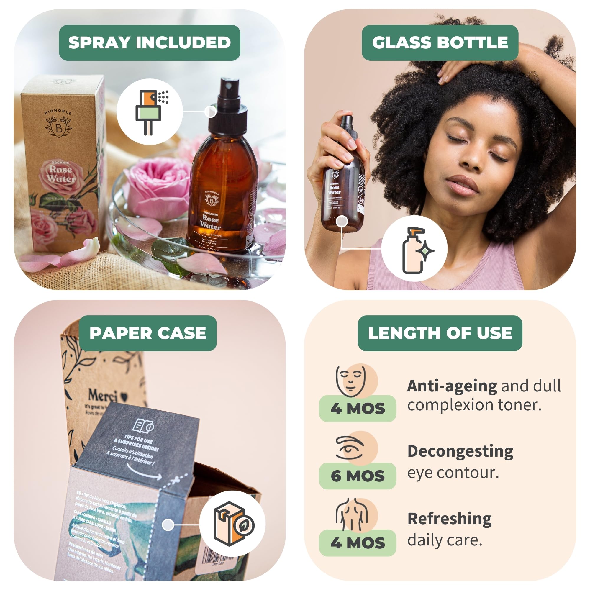 Bionoble Organic Rose Water 200ml - 100% Pure and Natural Damask Rose Hydrolat - Face, Eye Contour, Body, Hair - Glass Bottle + Spray