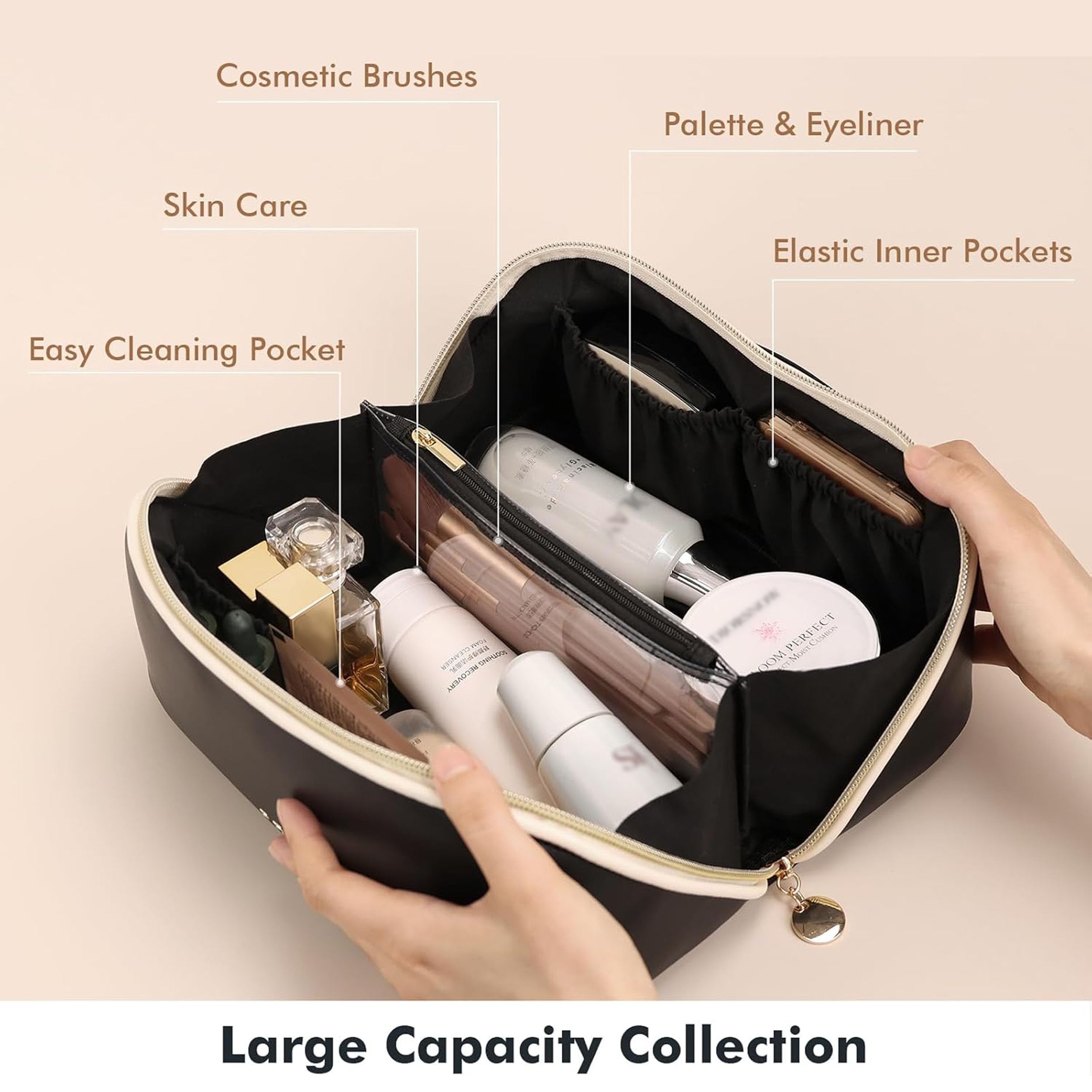 Prite Large Capacity Makeup Bag Portable Travel Cosmetic Bag Waterproof Toiletry Case with Clear Divider and Handle (Black L)