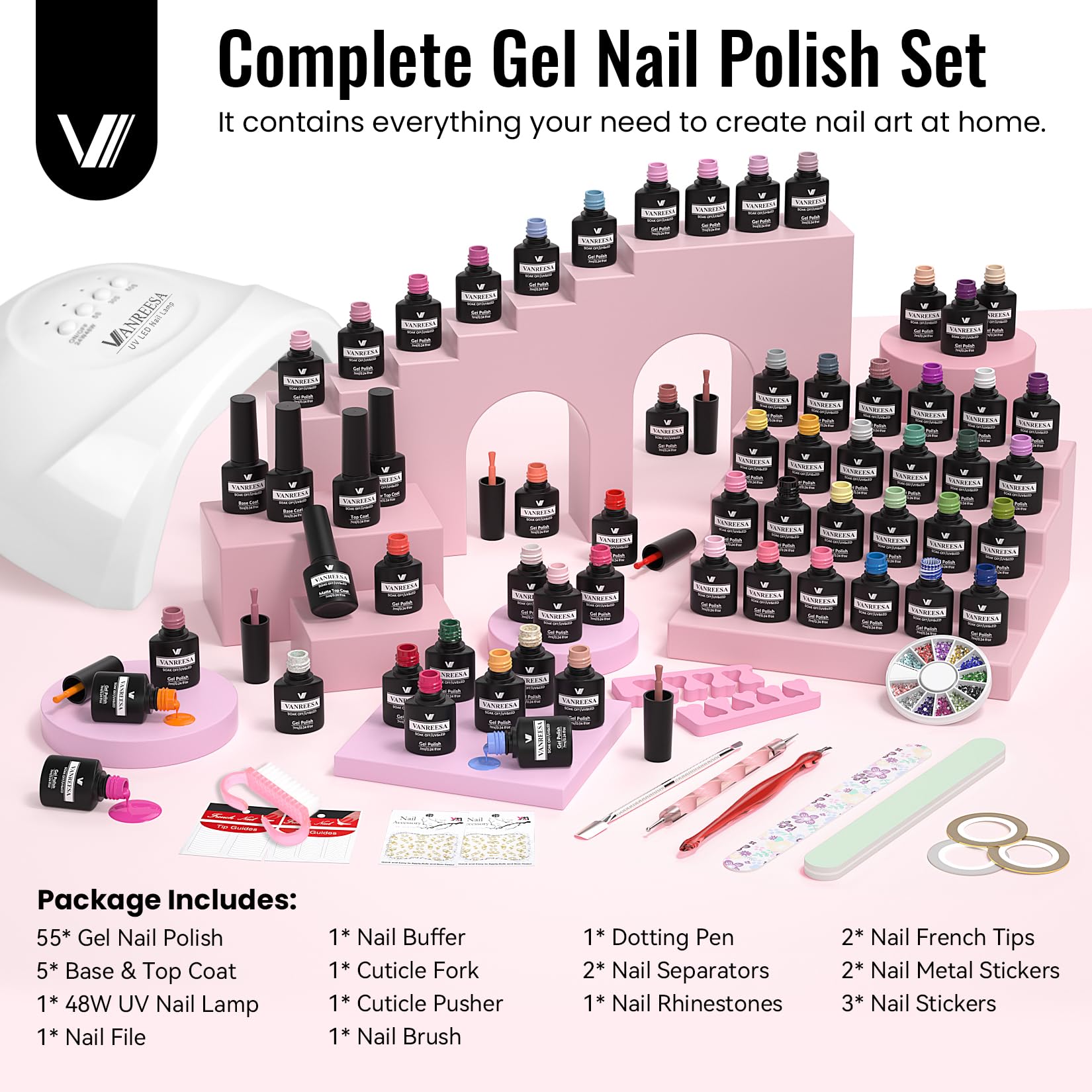 VANREESA Gel Nail Polish Set, 77 PCS Gel Nail Kit with U V Lamp 55 Colours White Nude Pink Gels Polish Set with Base and Top Coat Manicure Tools Nail Salon Sets DIY at home Gifts for Women