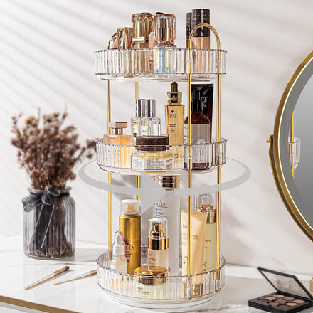 Bingobang Makeup Organiser 360 Rotating, Spinning 3 Tiers Skincare Cosmetic Organizer Acrylic Large, Tidy Storage Shelf for Perfume, Jewelery, Brush, Vanity Desk, Dresser, Bedroom, Bathroom (White)