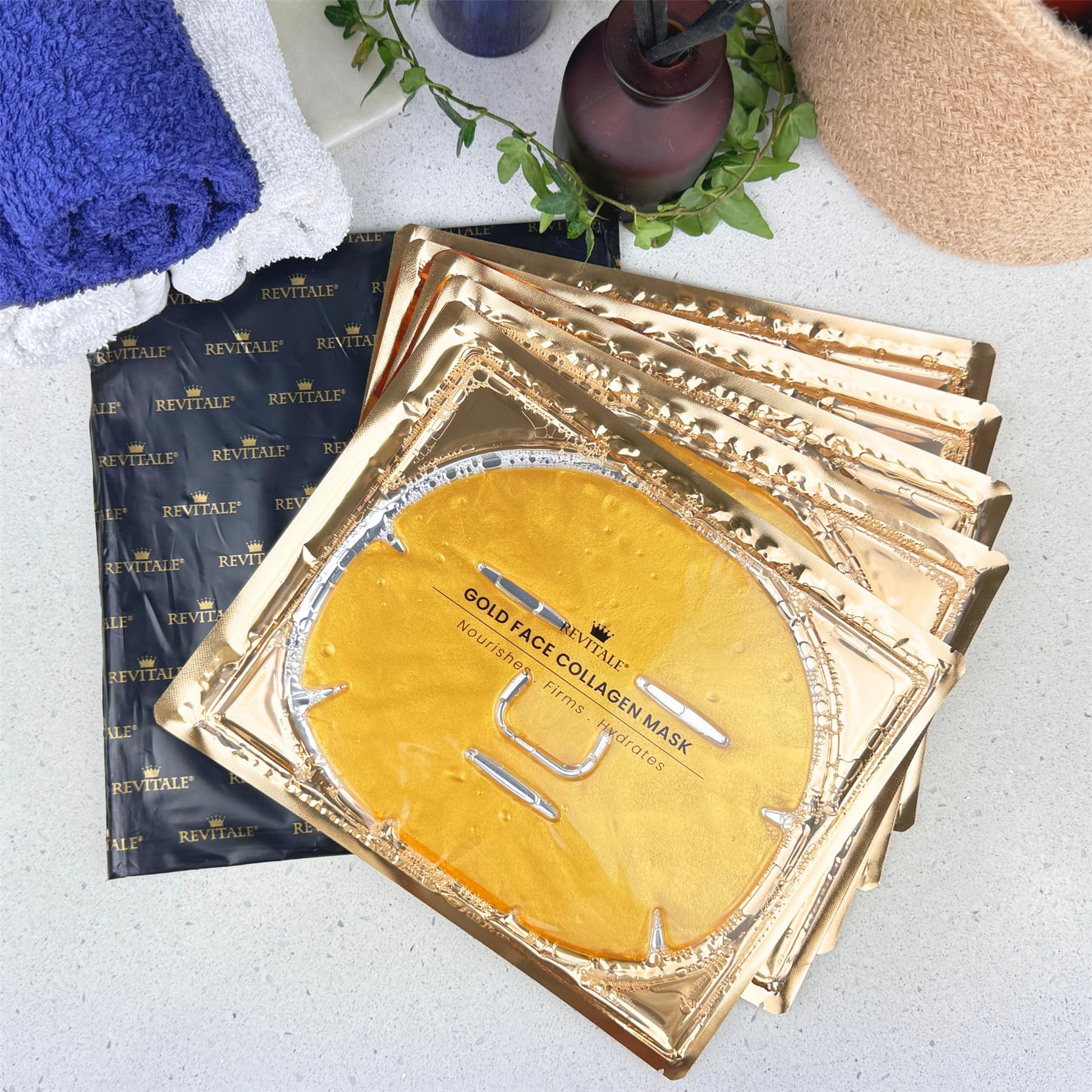 Revitale 24K Gold Face Mask (10 Pack) - Hydrating & Nourishing Sheet with Collagen and Natural Extracts for Radiant, Moisturised Skin