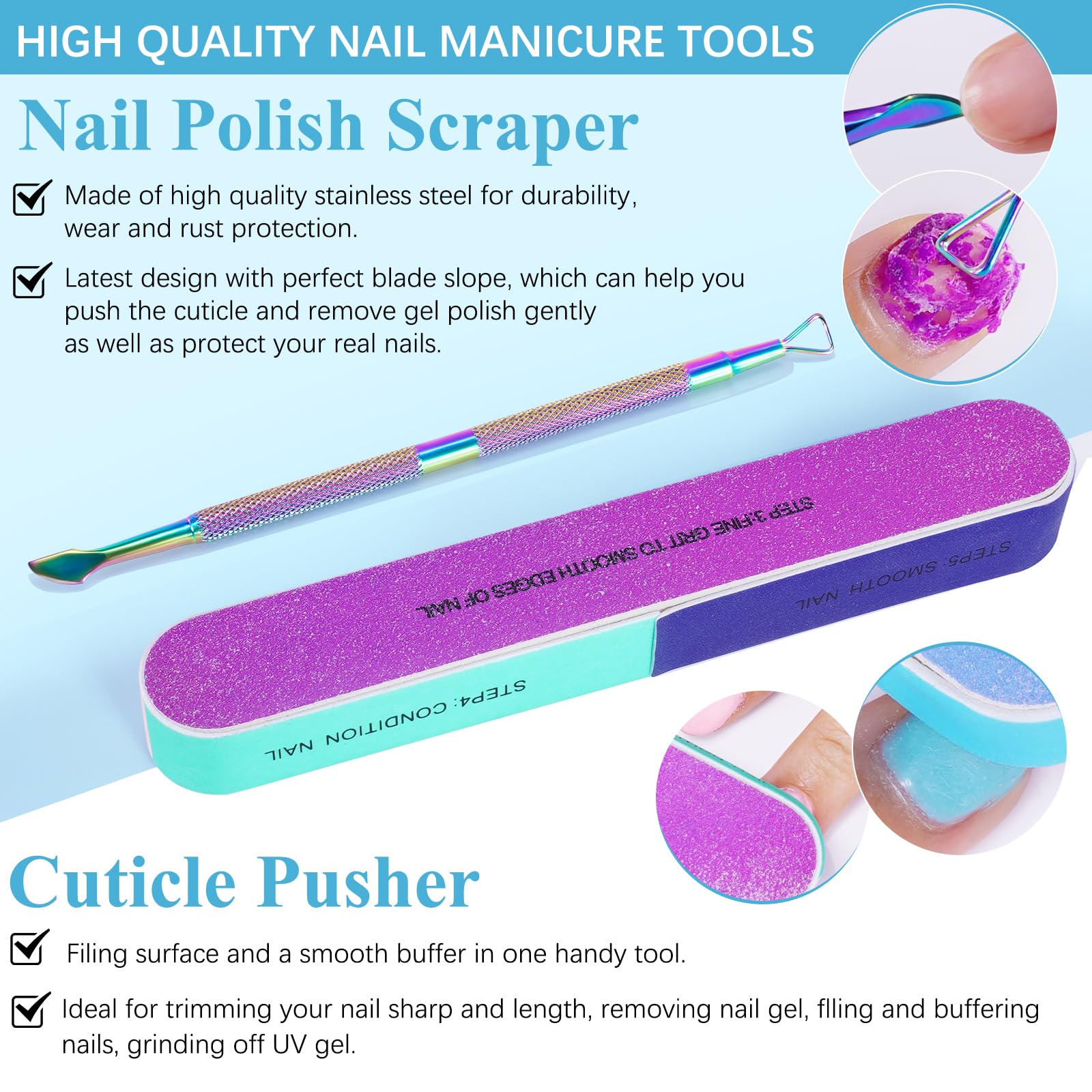 PLOBRT Gel Nail Polish Remover, Gel Polish Remover - Quick & Easy Remove in 3-5 mins, Gel Remover with Gel Polish Scraper and Nail File, No Damage To Nails (2 Pack), Blue