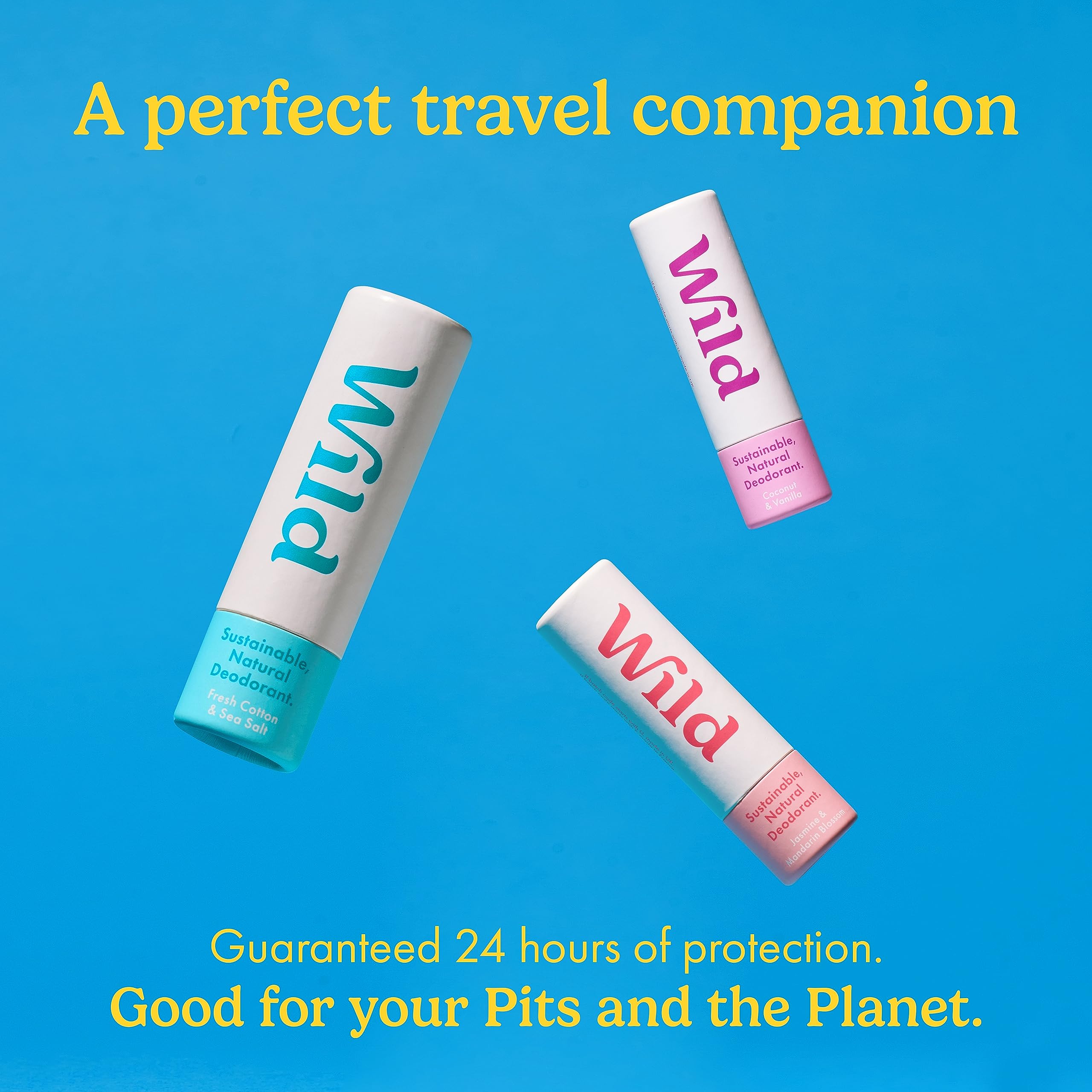Wild - Pack of 3 Mini Deodorants - Natural Ingredients & Aluminium Free - Long Lasting Protection - Great for Holiday & Travel - Plastic Free - Vegan & Eco-Friendly - Trial Size