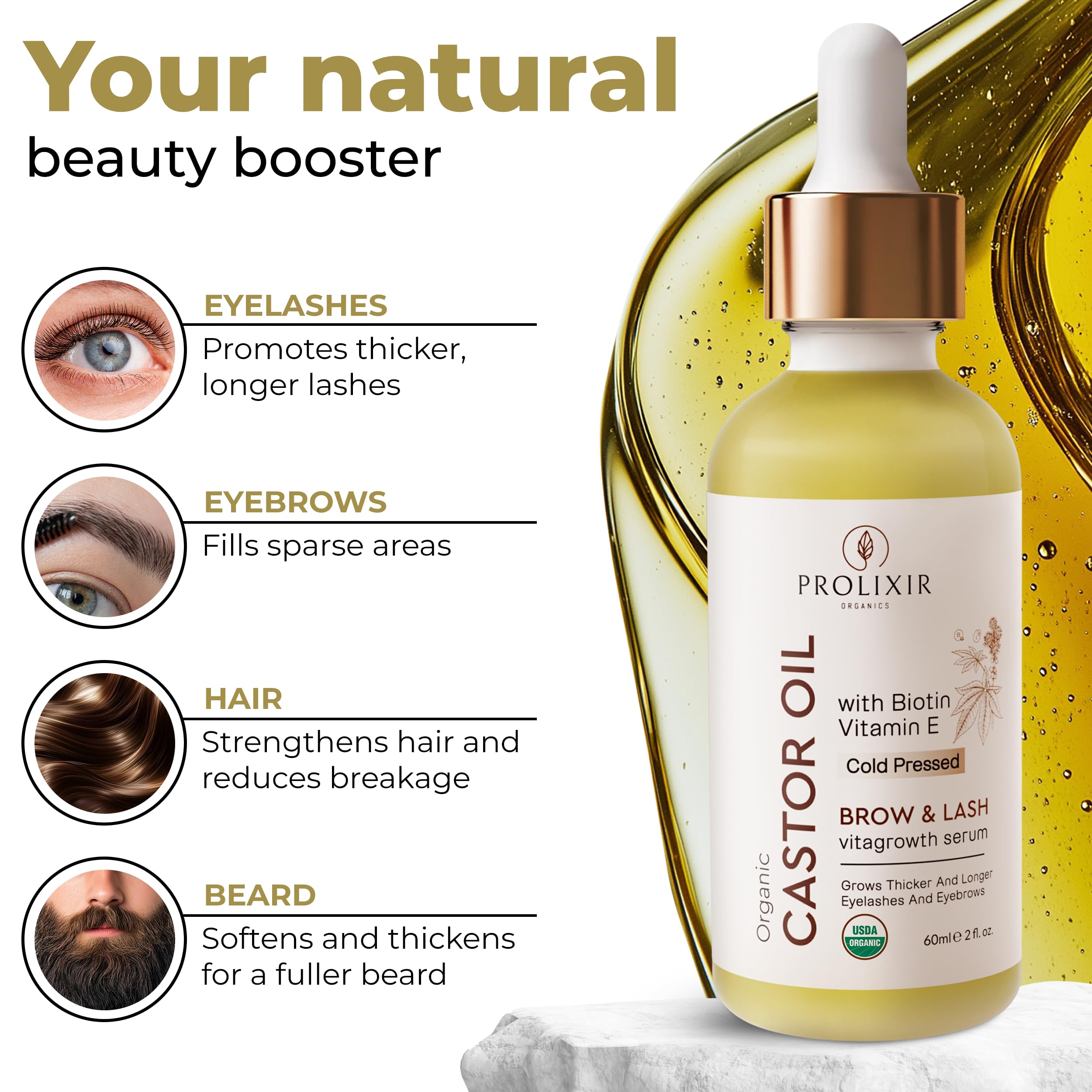 PROLIXIR Organic Castor Oil 60mls with Biotin & Vitamin E - Growth Serum for Eyebrows, Eyelashes, Hair, Nails & Skin - Cold Pressed, 100% Pure, Vegan, Cruelty Free - Mascara kit with Pipette and Wands