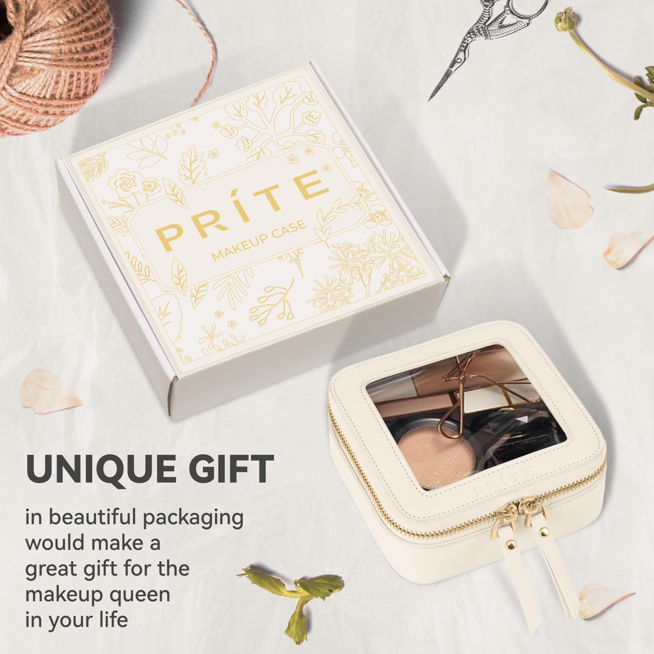 Prite Small Clear Makeup Bag with Gift Box Mini Cosmetic Case Waterproof Travel Toiletry Pouch Car Essentials with Double Zippers (Beige)