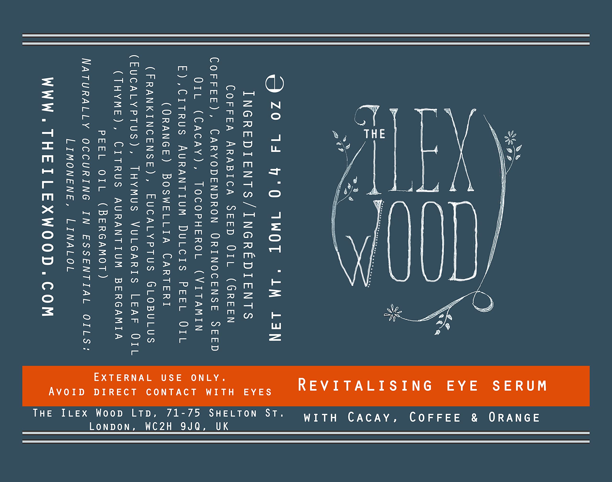 The Ilex Wood - Revitalising Eye Serum. An all-natural vegan anti-ageing serum with Cacay Oil, Green Coffee Arabica Oil, Frankincense, Eucalyptus, Thyme, Bergamot & Orange - 10ml (0.34 fl oz)