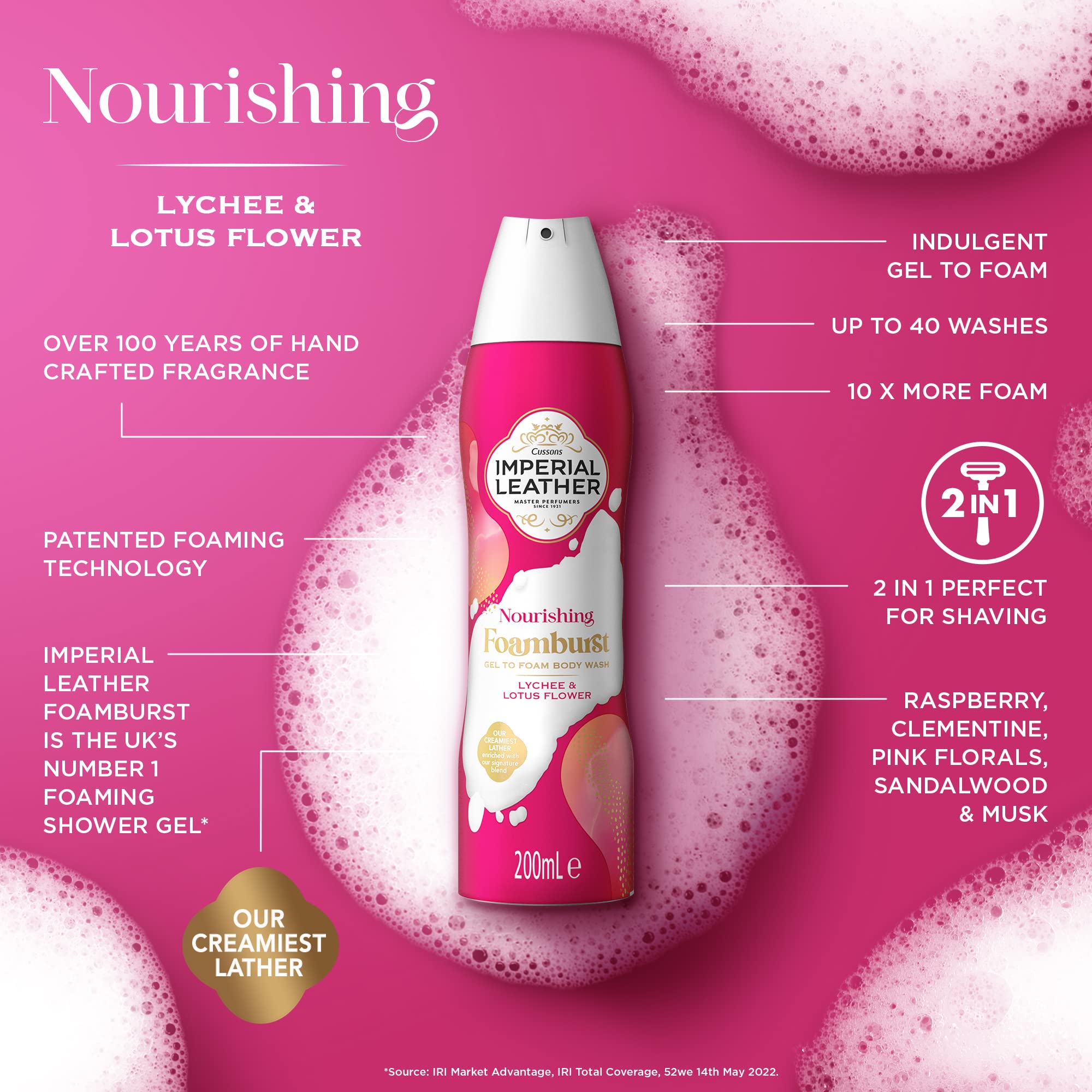 Imperial Leather Foamburst Nourishing Shower Gel, Lychee & Lotus Flower Body Wash, Luxurious Foam Lather, Gentle Skin Care, Bulk Buy, Pack of 6 x 200ml