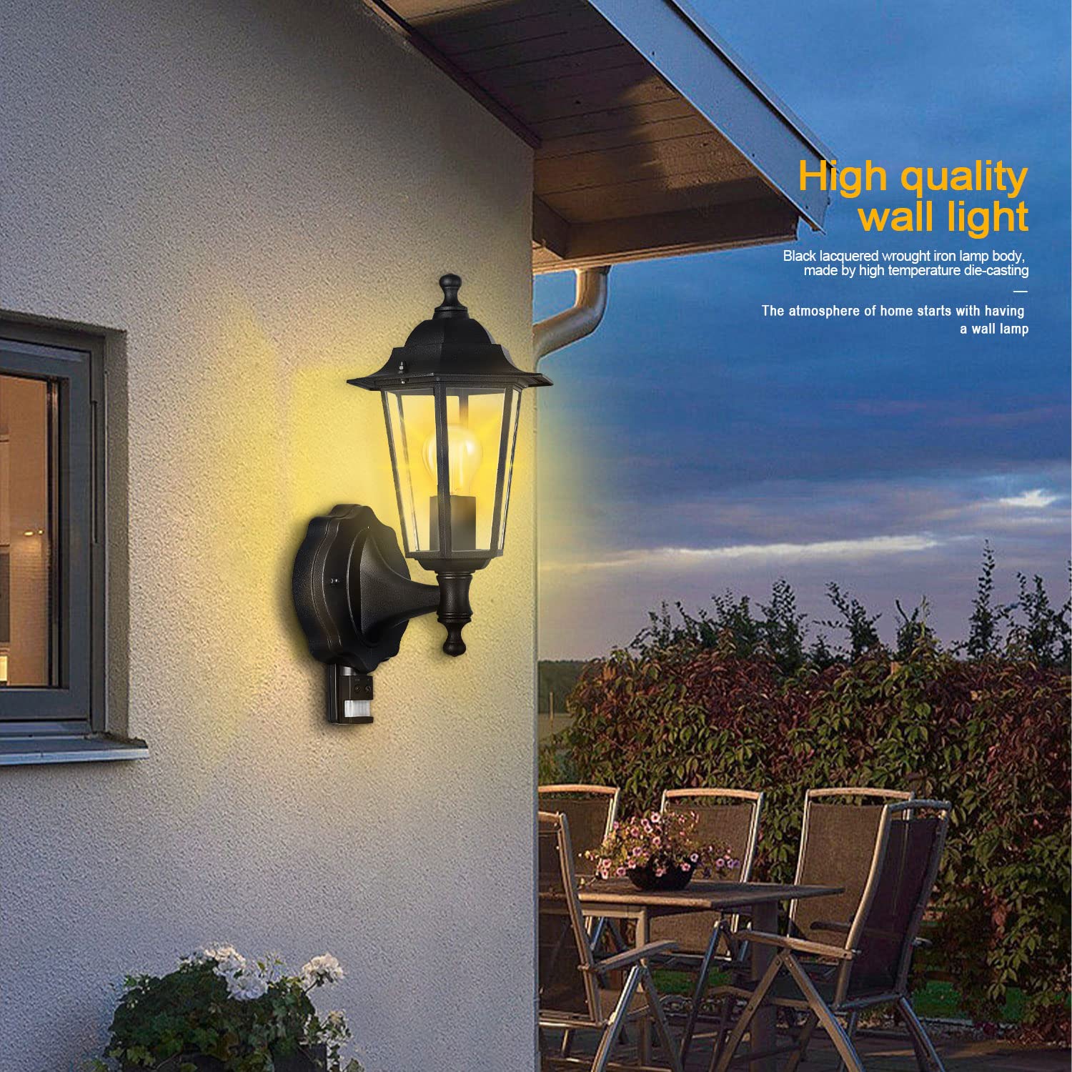 EXTRASTAR Outdoor 6 Sided Black Wall Lantern Security Light with PIR Motion Sensor IP44 Weatherproof with Lamp E27