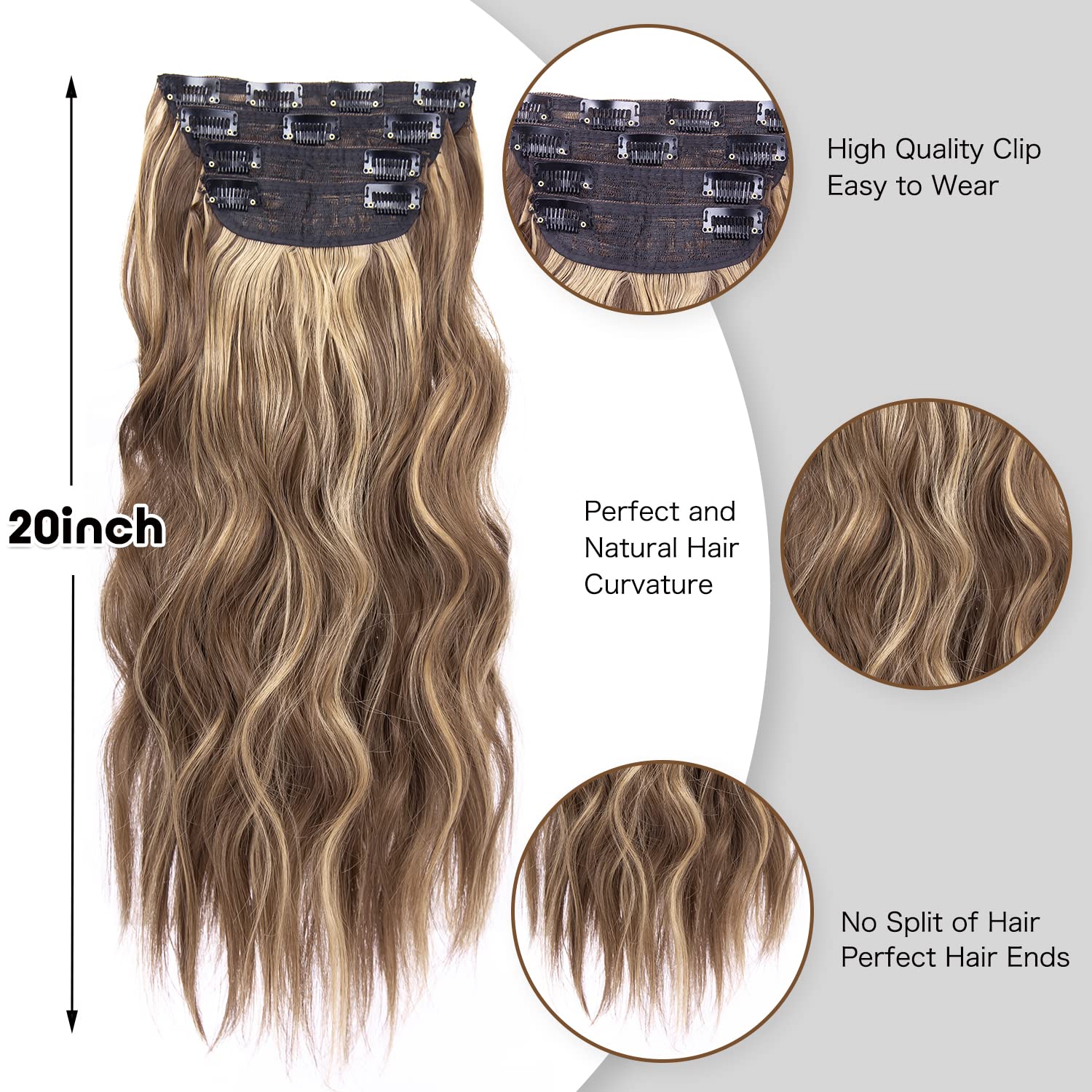 20 Inches Brown Hair Extensions Clip in, Long Wavy Synthetic Clip in Hair Extension, Natural Thick Hairpieces for Women (Medium Brown with Honey Blonde Highlights, 4Pcs)
